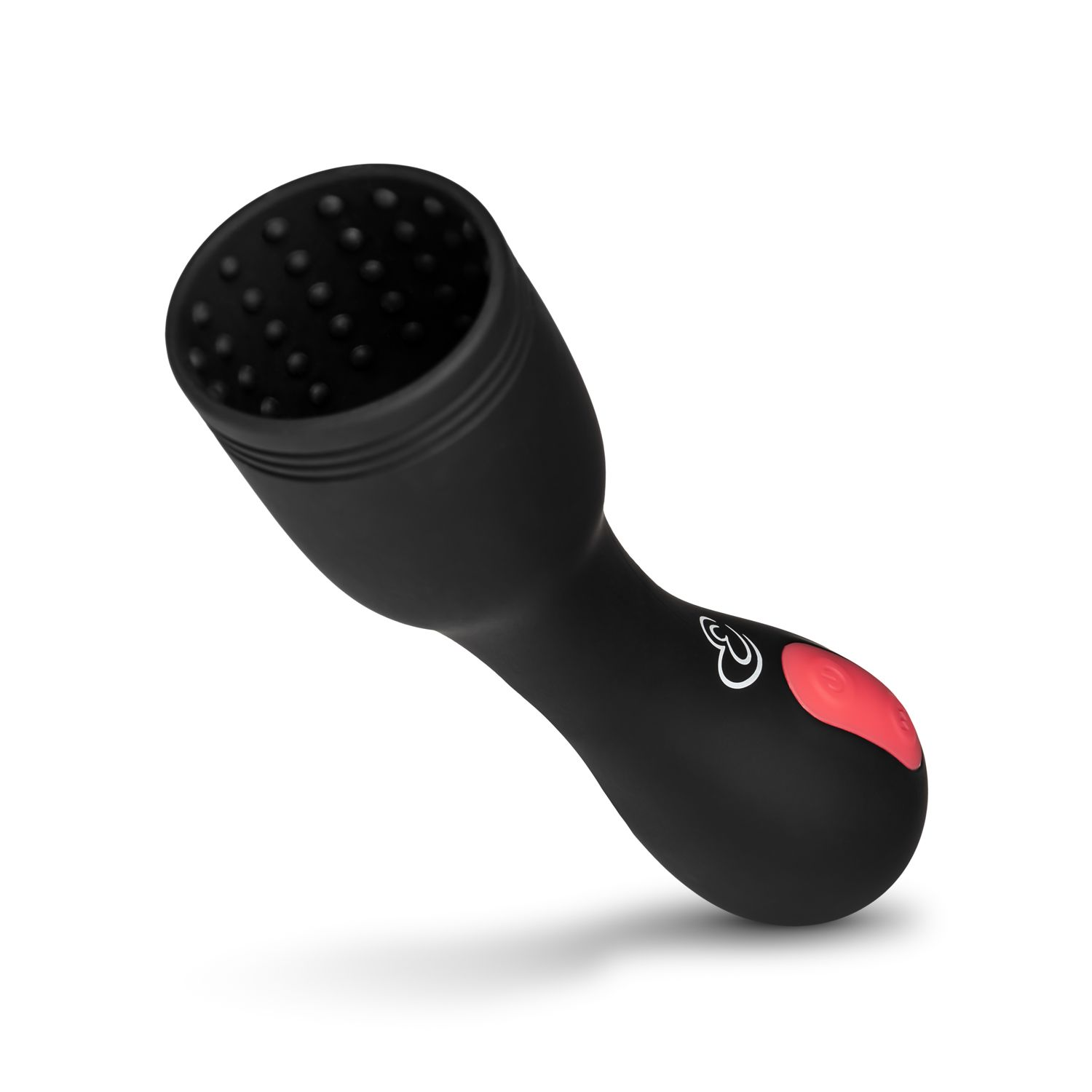 Schwarzer Vibrator mit rotem Knopf und strukturierter Oberfläche auf weißem Hintergrund.