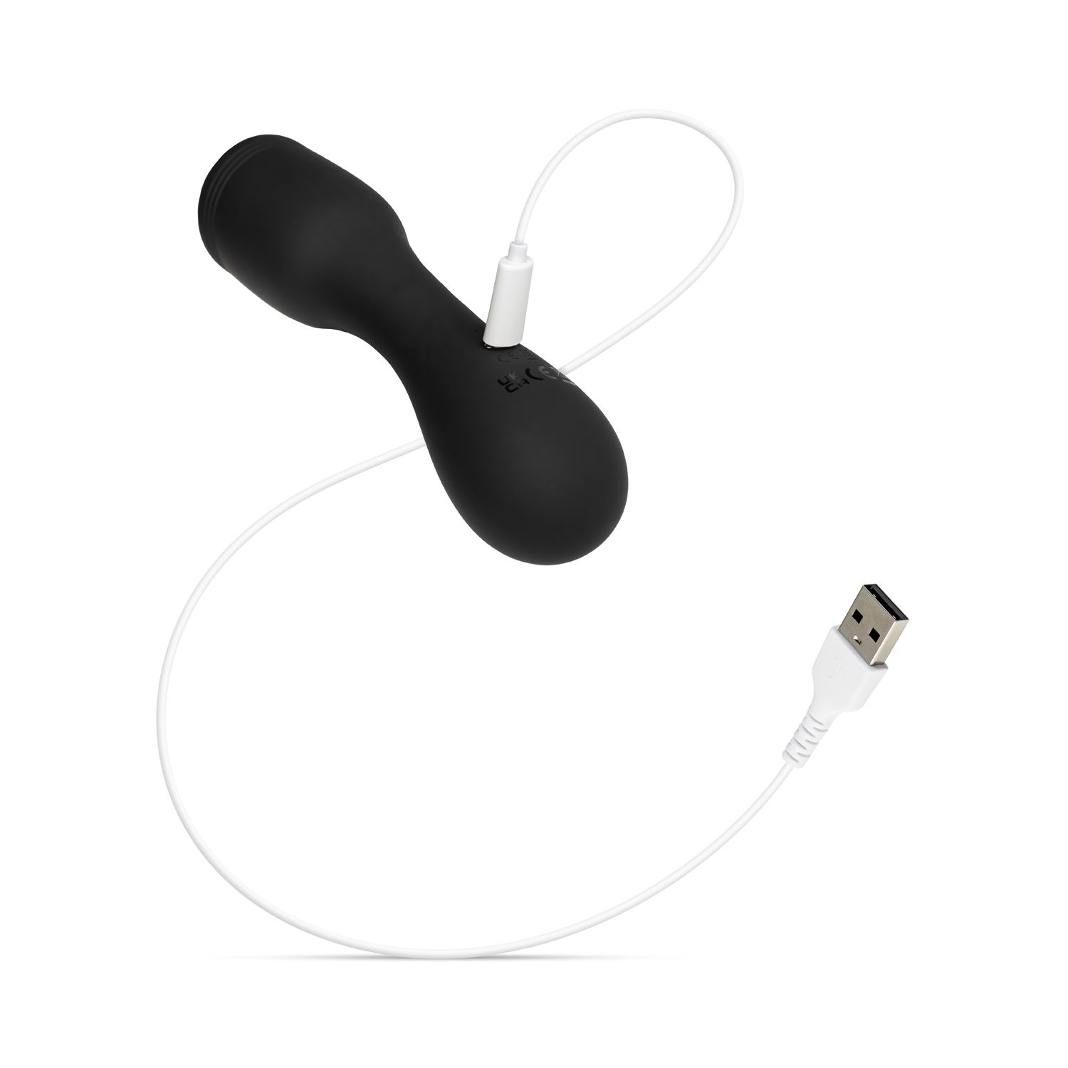 Schwarzes Sexspielzeug mit weißem USB-Ladekabel, isoliert auf weißem Hintergrund.