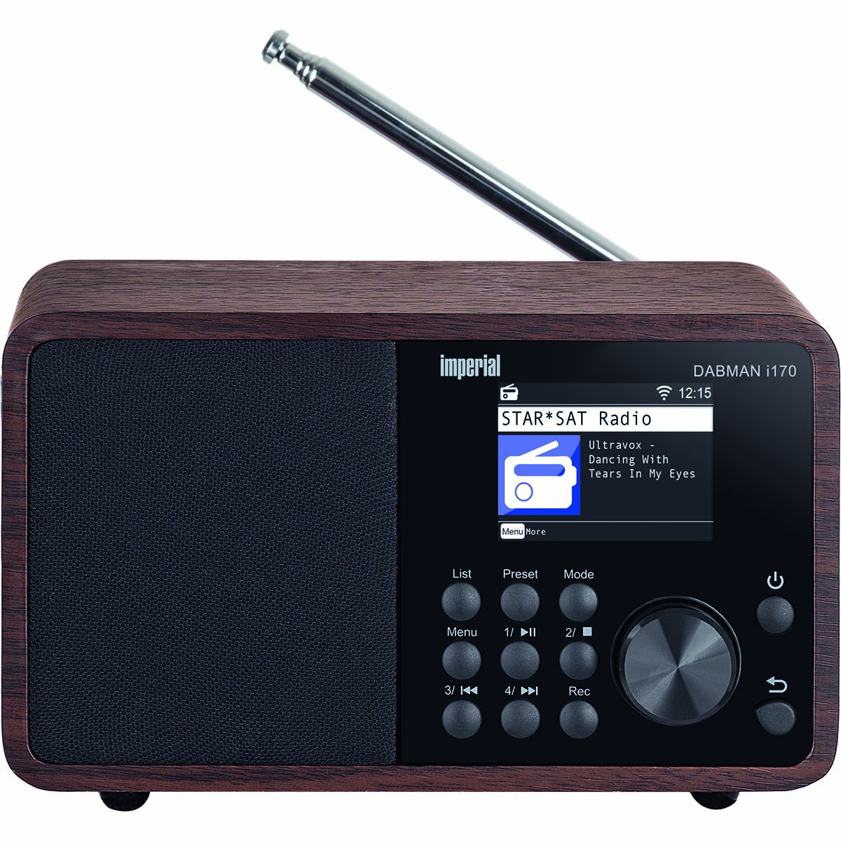 Wooden radio with screen, antenna, and buttons, on white.
