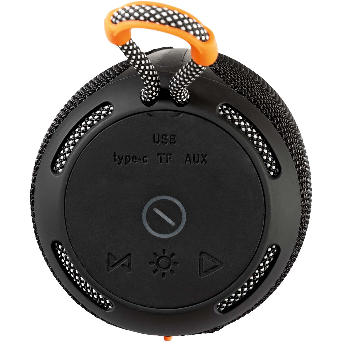Een zwarte draagbare luidspreker met oranje details, met USB-, TF- en AUX-poorten. Een draaiknop zit achterop.
