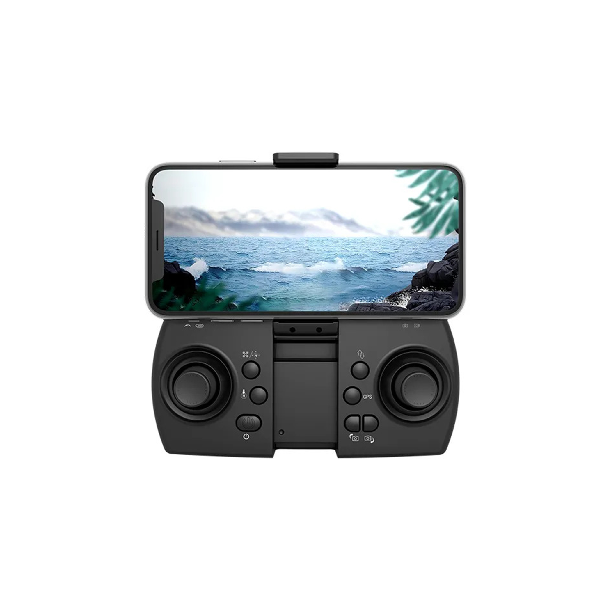 Czarny kontroler drona z telefonem wyświetlającym widok na morze. Kontroler ma joysticki i przyciski.