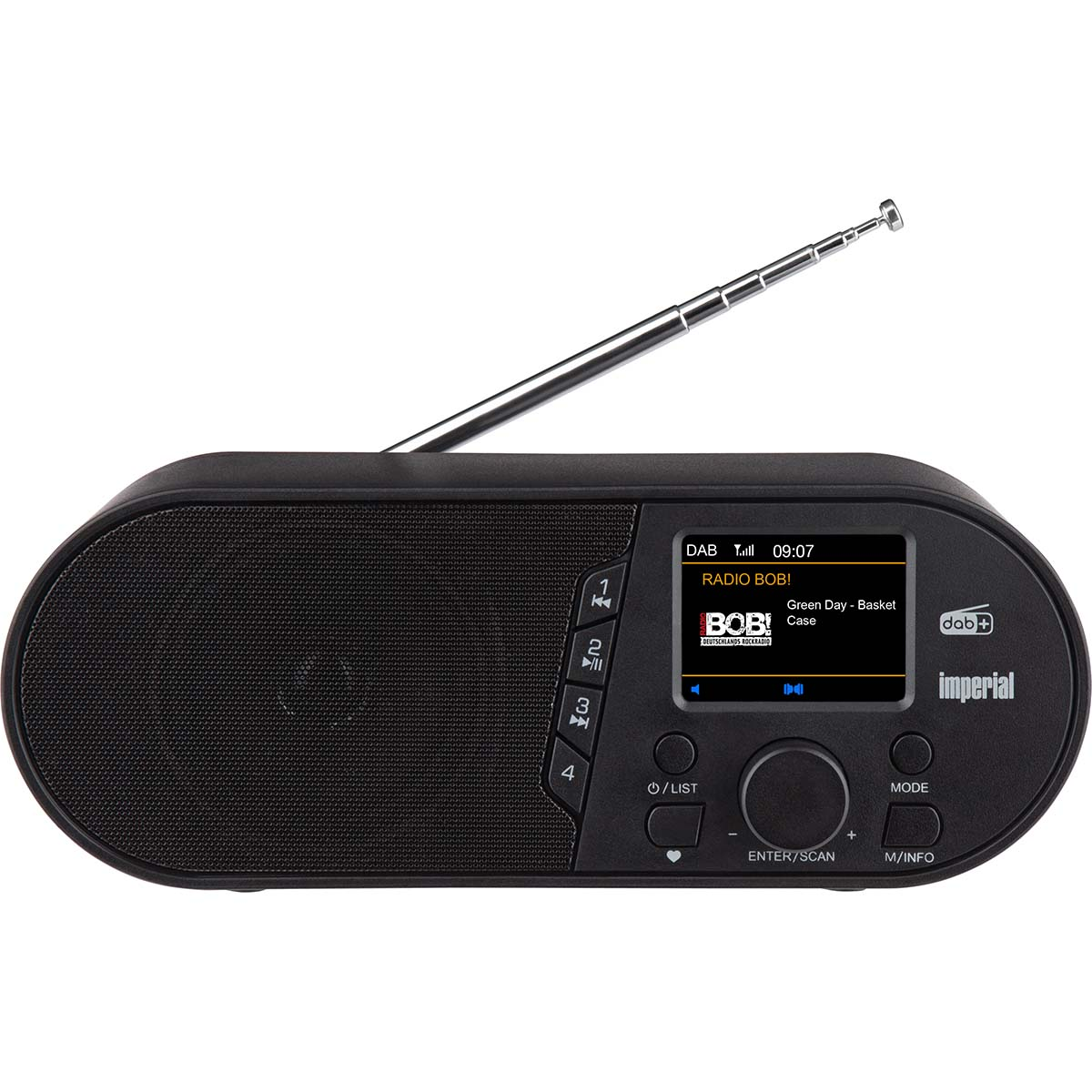 Radio negro con pantalla, varios botones y una antena, fondo blanco.