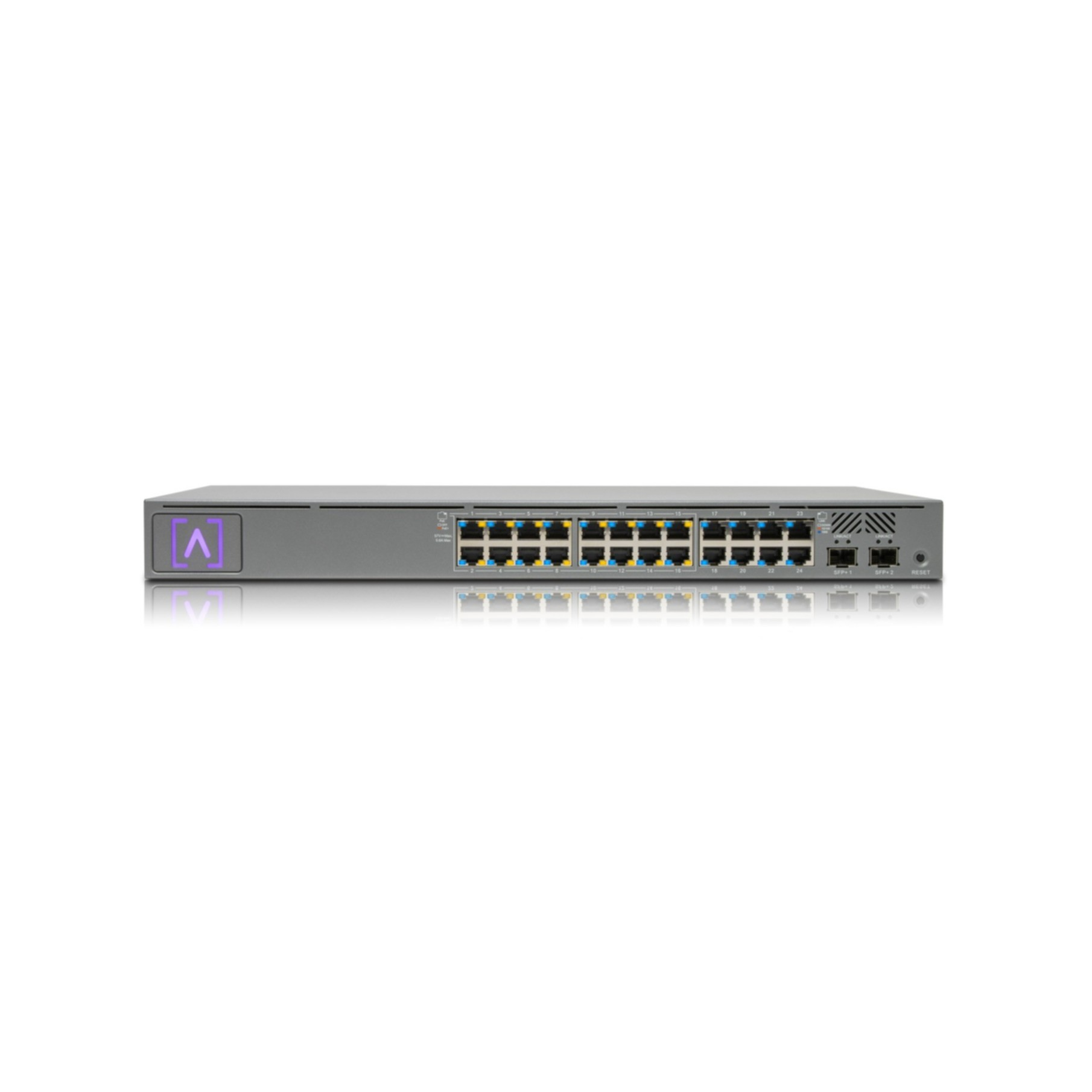 Ein grauer Netzwerk-Switch mit mehreren Anschlüssen und Kontrollleuchten. Der Markenname 'V' ist sichtbar.