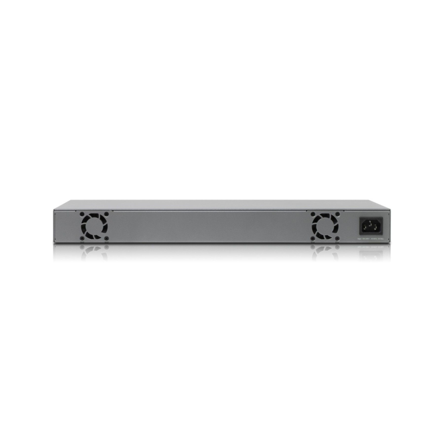 Ein grauer Netzwerkswitch von hinten gesehen. Er hat zwei Lüfter und Anschlüsse.