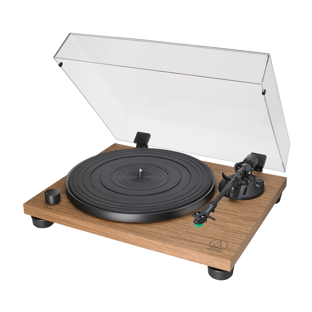 Tocadiscos de madera con un disco de vinilo negro, la cubierta transparente está levantada. La aguja está cerca del disco.