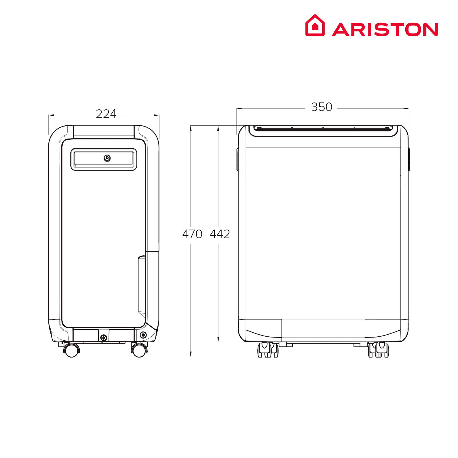 Dibujo técnico de un producto, mostrando dos vistas con dimensiones en milímetros. Es un producto Ariston.