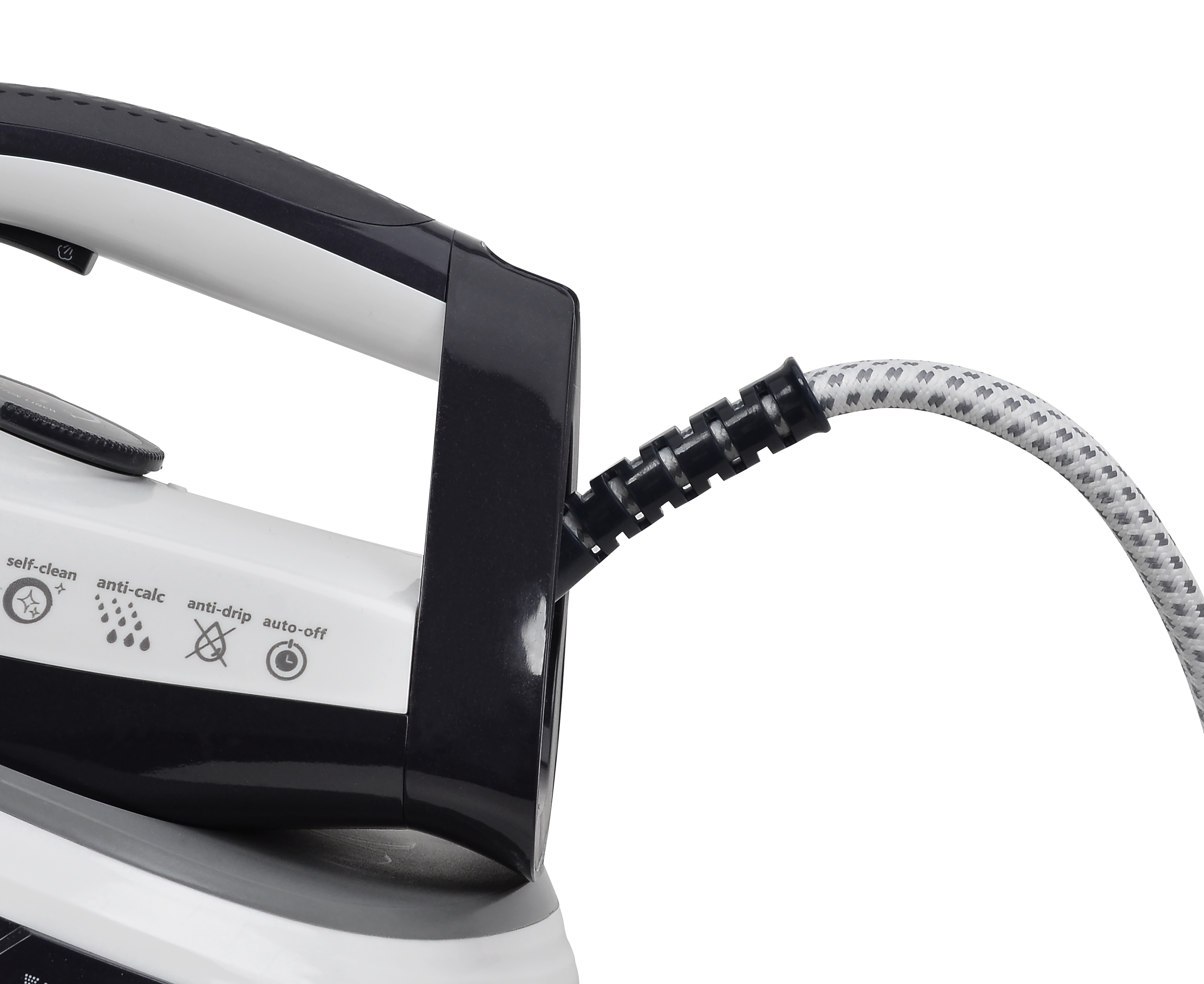 Ein Bügeleisen mit einem schwarz-weißen Kabel. Das Bügeleisen ist weiß und schwarz mit Knöpfen und Text darauf.