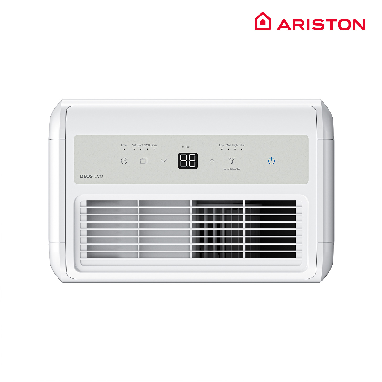 Un panel de control de aire acondicionado Ariston DEOS EVO blanco con una pantalla LED y botones funcionales.