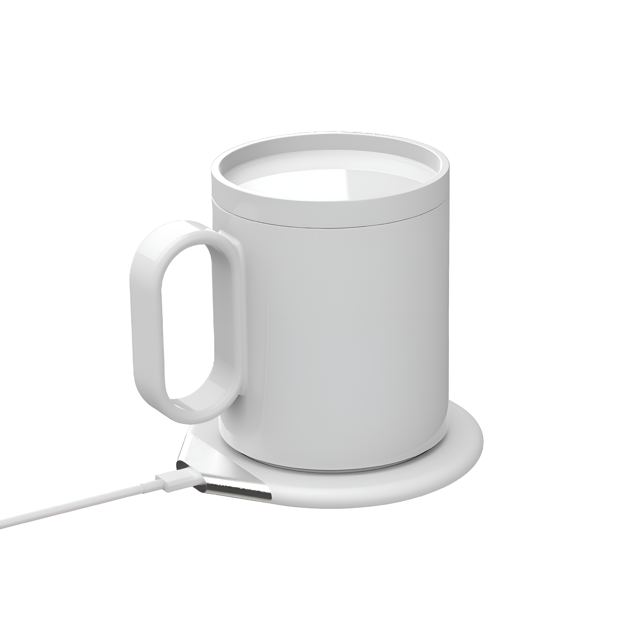 Weißer Becher auf weißer kabelloser Ladestation. Weißer Hintergrund.