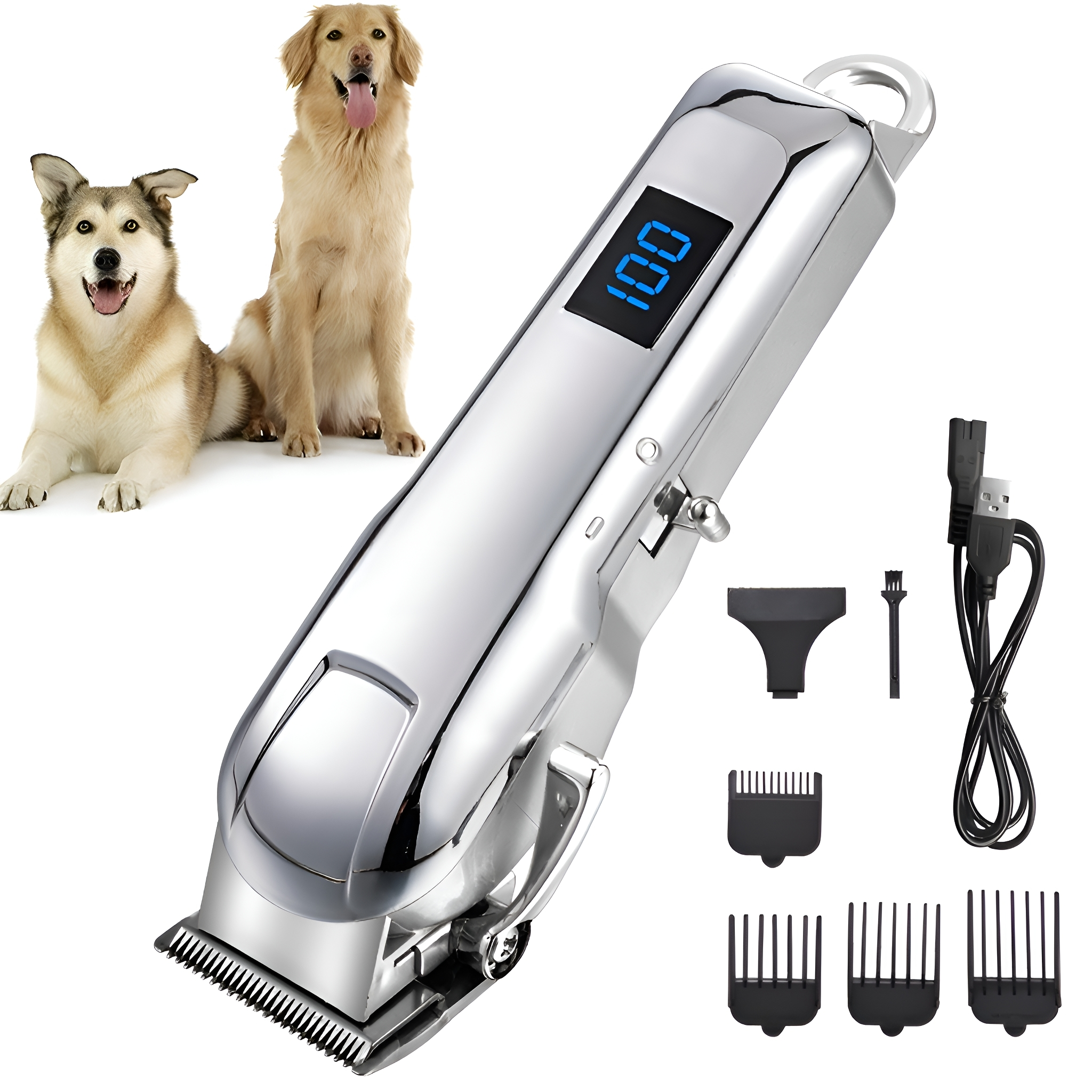Silberner Tierhaarschneider mit Digitalanzeige, Zubehör und zwei Hunden im Hintergrund.