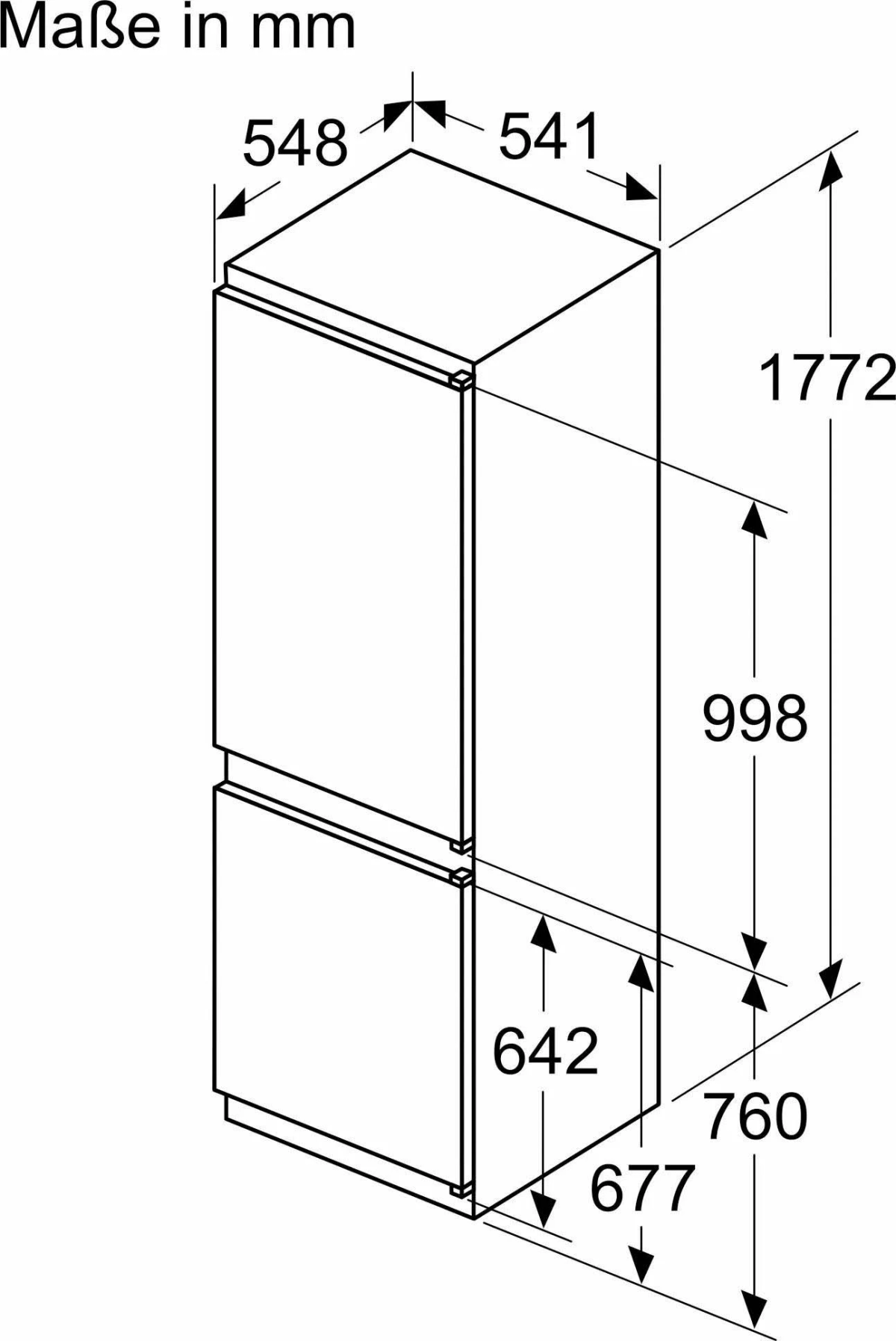 Isometrische Ansicht eines Kühlschranks mit Abmessungen in Millimetern, Höhe und Breite zeigend.