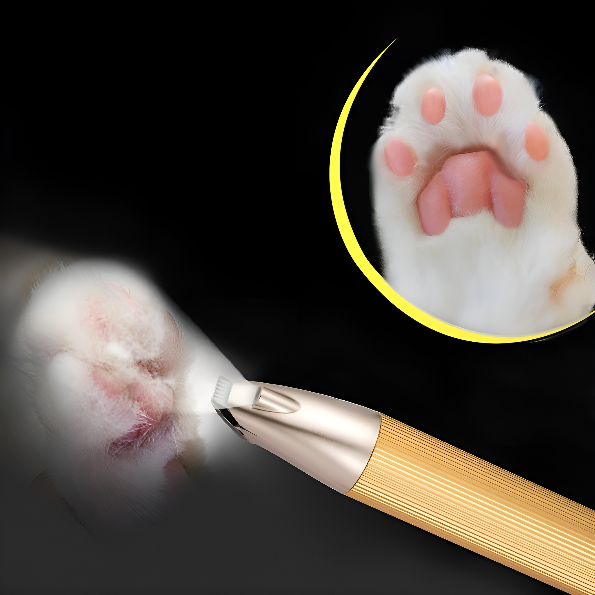 Ein goldenes Pflegegerät schneidet die Pfote einer Katze, mit rosa Ballen im Hintergrund.