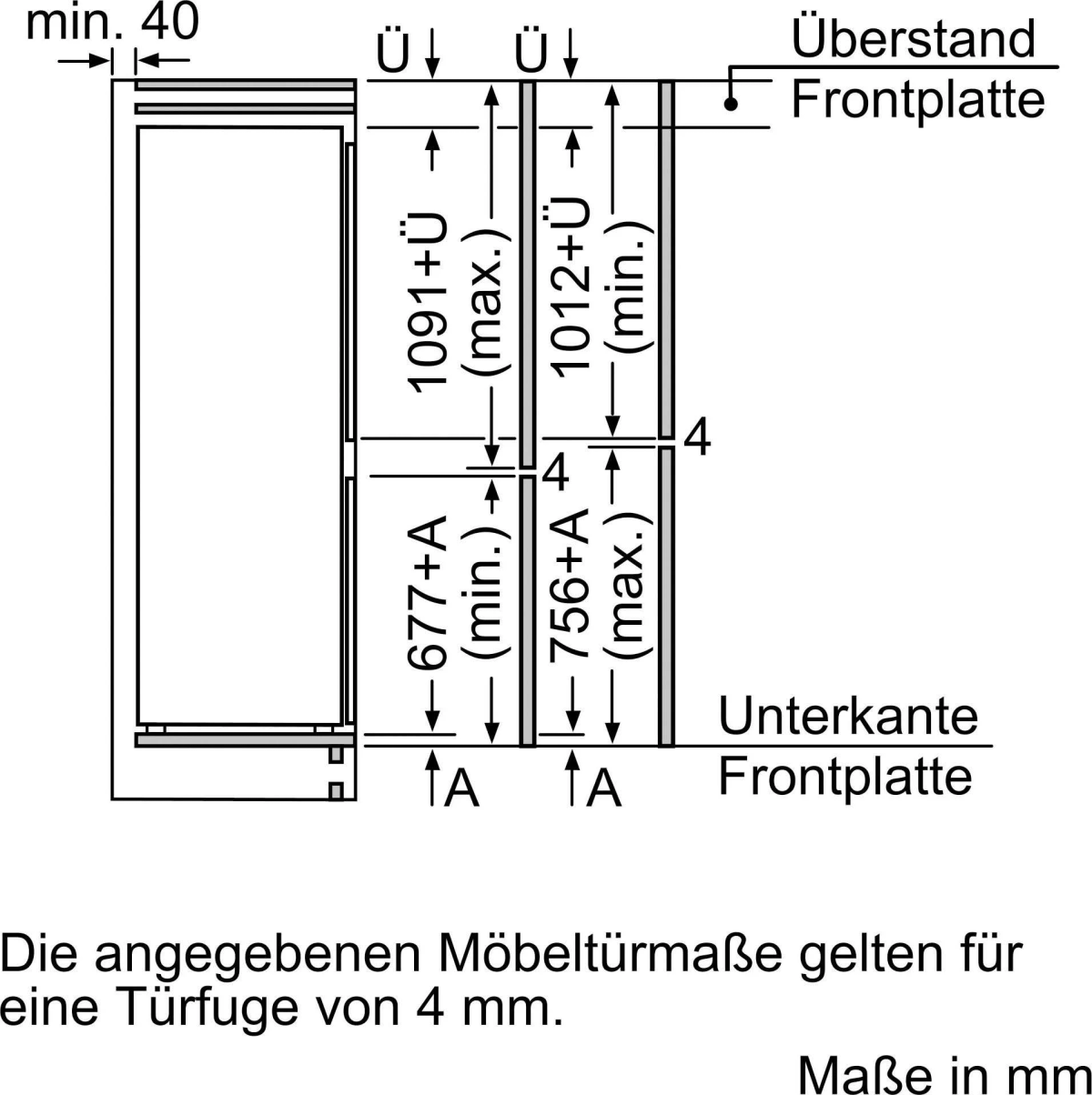 Diagramm mit Abmessungen für eine Schranktür. Zeigt Höhen- und Breitenmaße in Millimetern.