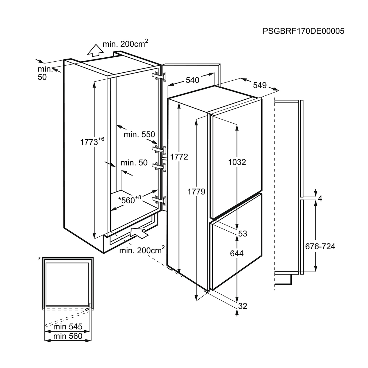 Un disegno tecnico di un frigorifero con dimensioni ed etichette.