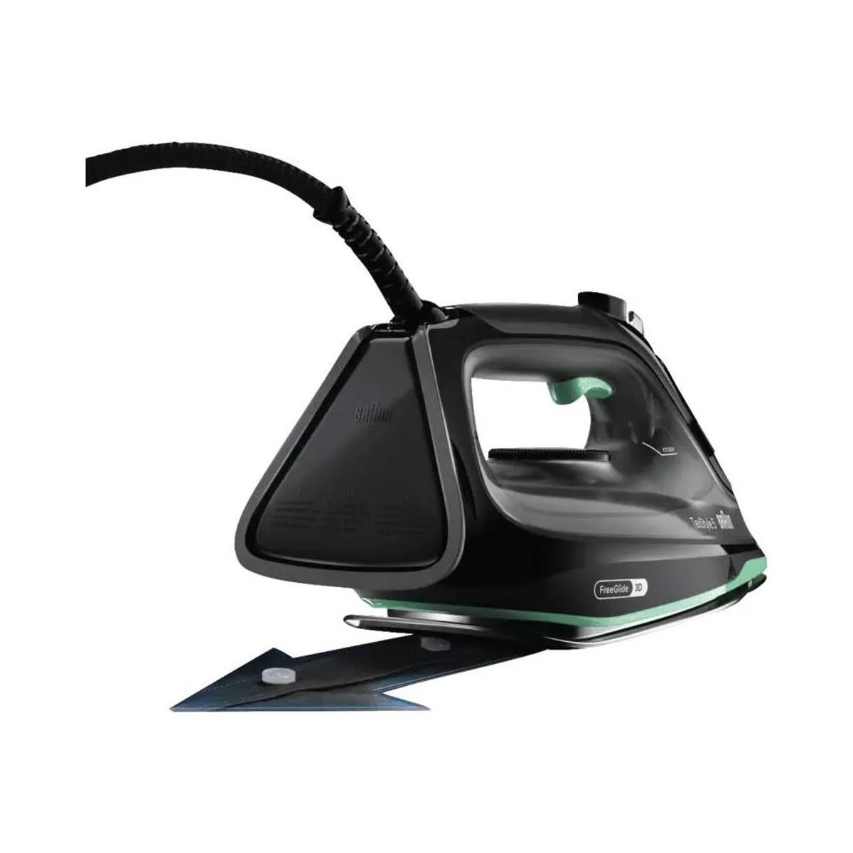 Ein schwarz-grünes Braun TexStyle 7 Bügeleisen mit einem Pfeil.