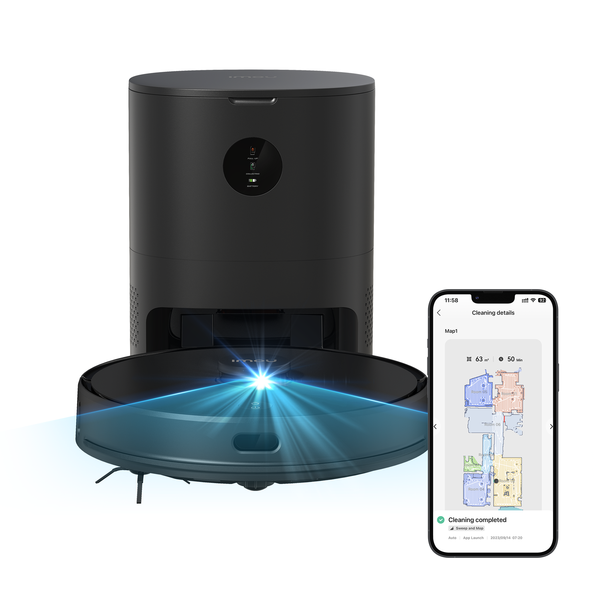 Roboter-Staubsauger und Ladestation, App auf dem Telefon zeigt Reinigungsdetails.