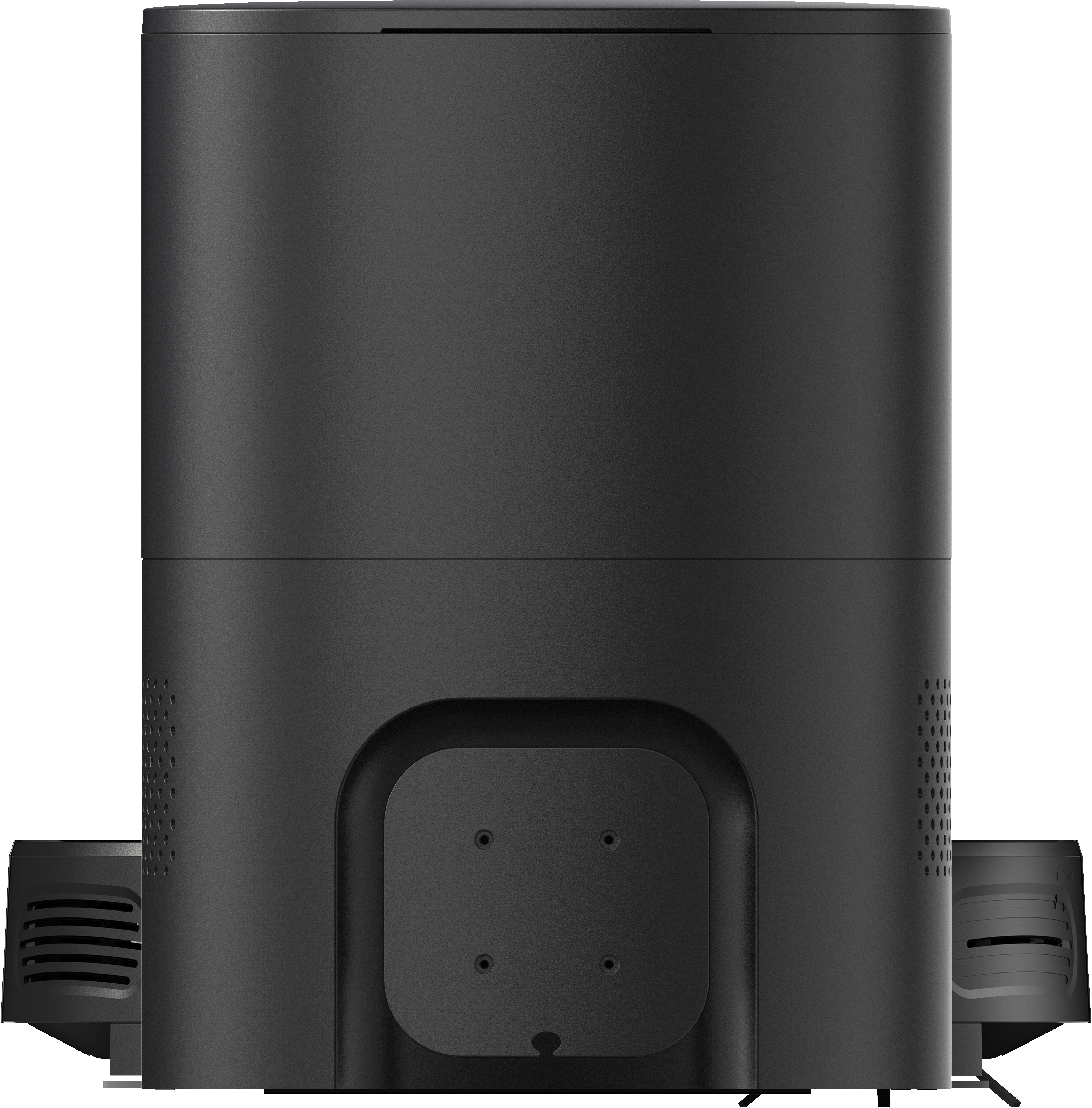 Ein schwarzer Roboter-Staubsauger. Die Unterseite zeigt die Merkmale des Reinigers.