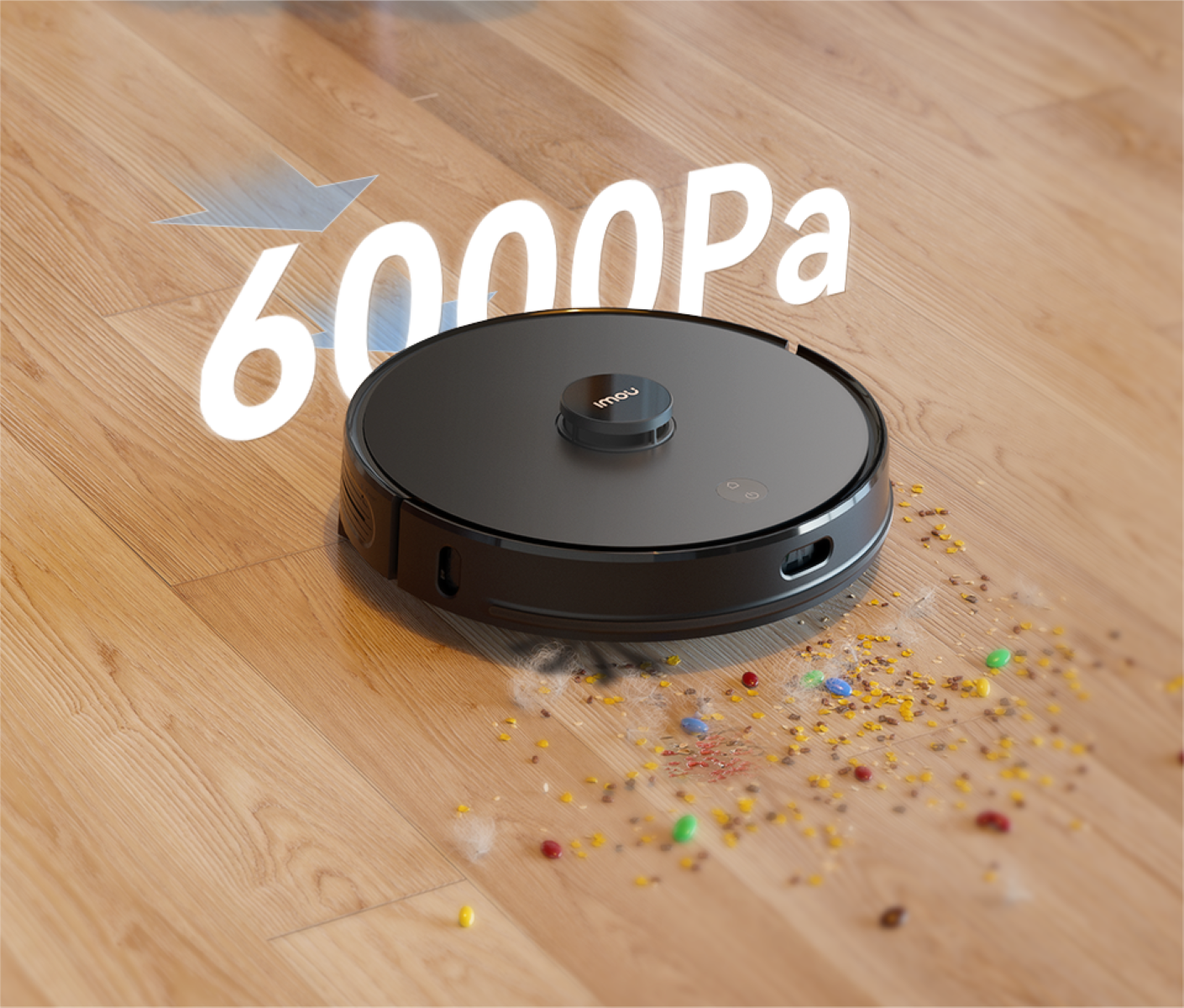 Roboter-Staubsauger auf Holzboden, der Schmutz aufsaugt.