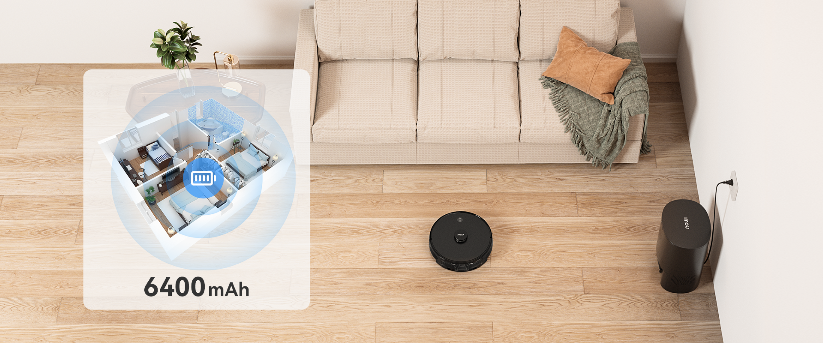 Ein Roboter-Staubsauger auf einem Holzboden reinigt einen Raum mit einer Grundrissüberlagerung.