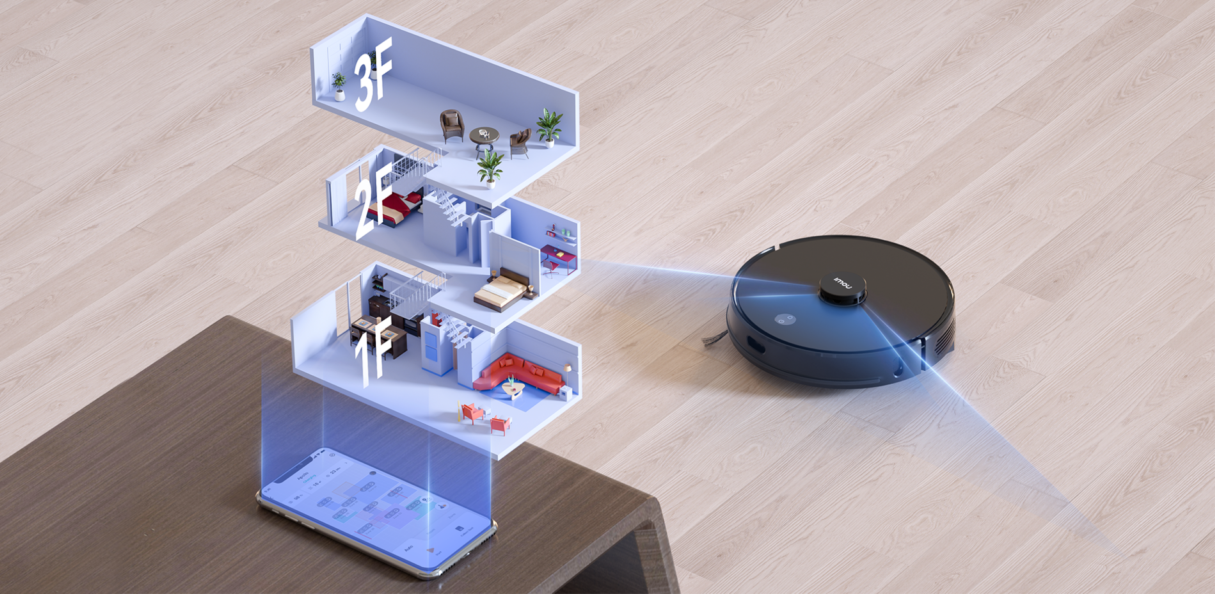 Roboter-Staubsauger reinigt Zuhause, zeigt Grundriss auf dem Telefon.