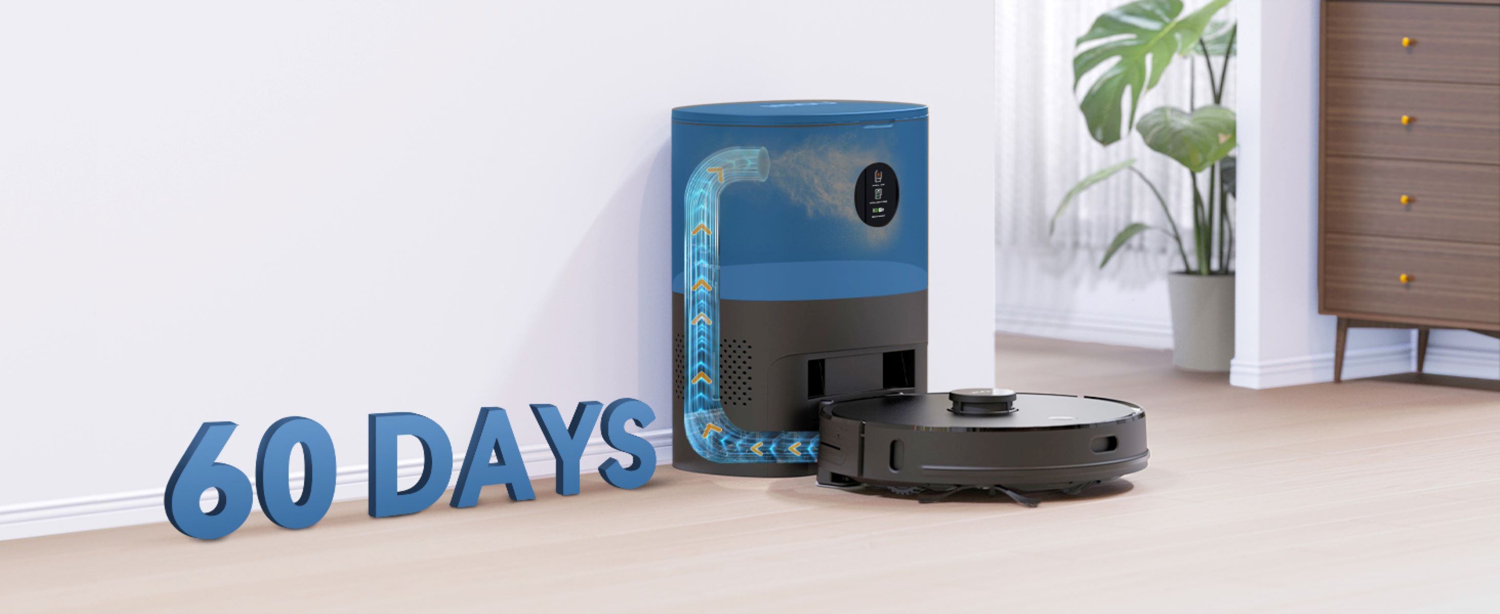 Een robotstofzuiger en zijn oplaadstation, met tekst: '60 DAGEN'. Modern interieurontwerp.