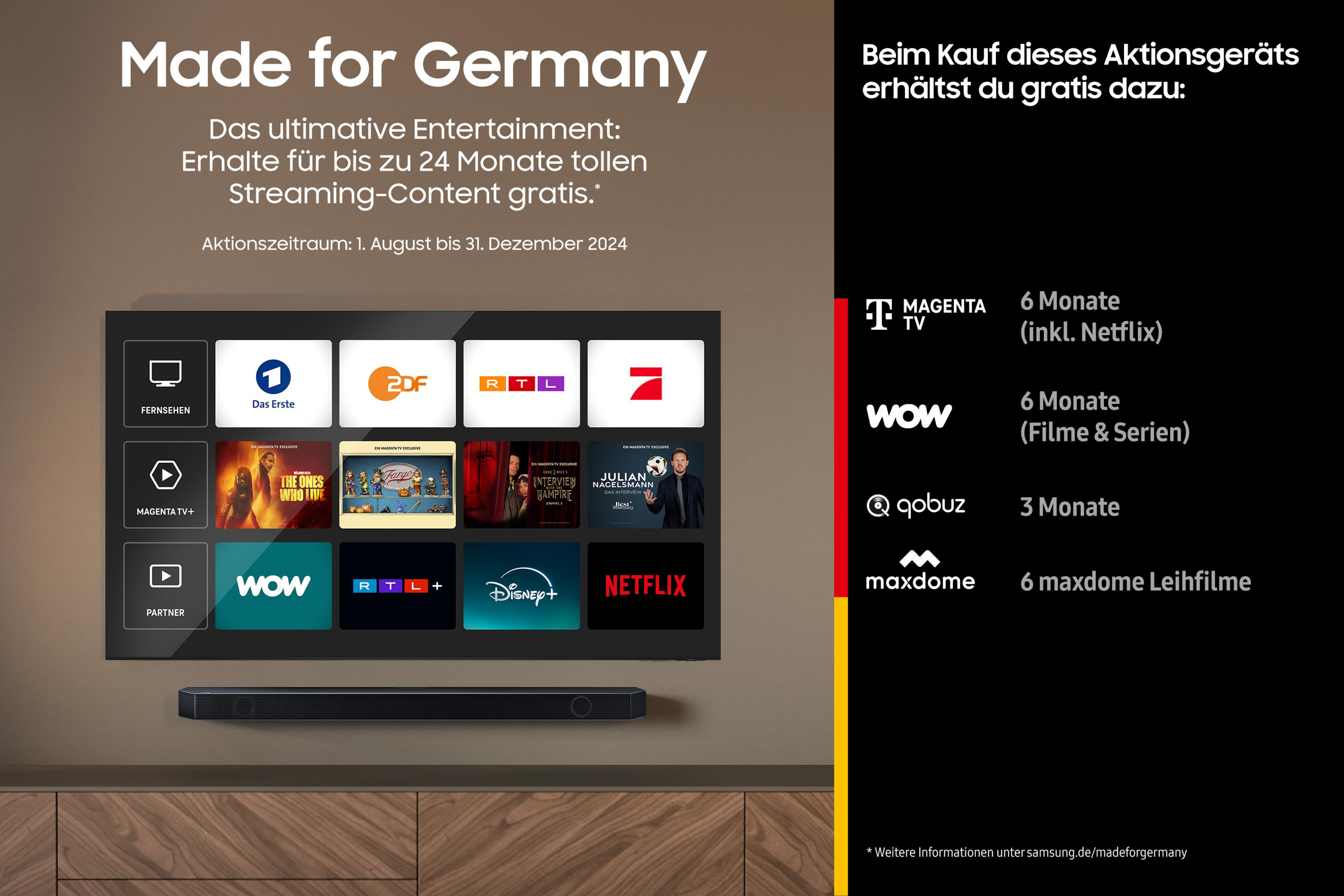 Ein Fernseher zeigt Streaming-Dienste. Text: 'Made for Germany' und Details zu Werbeangeboten.