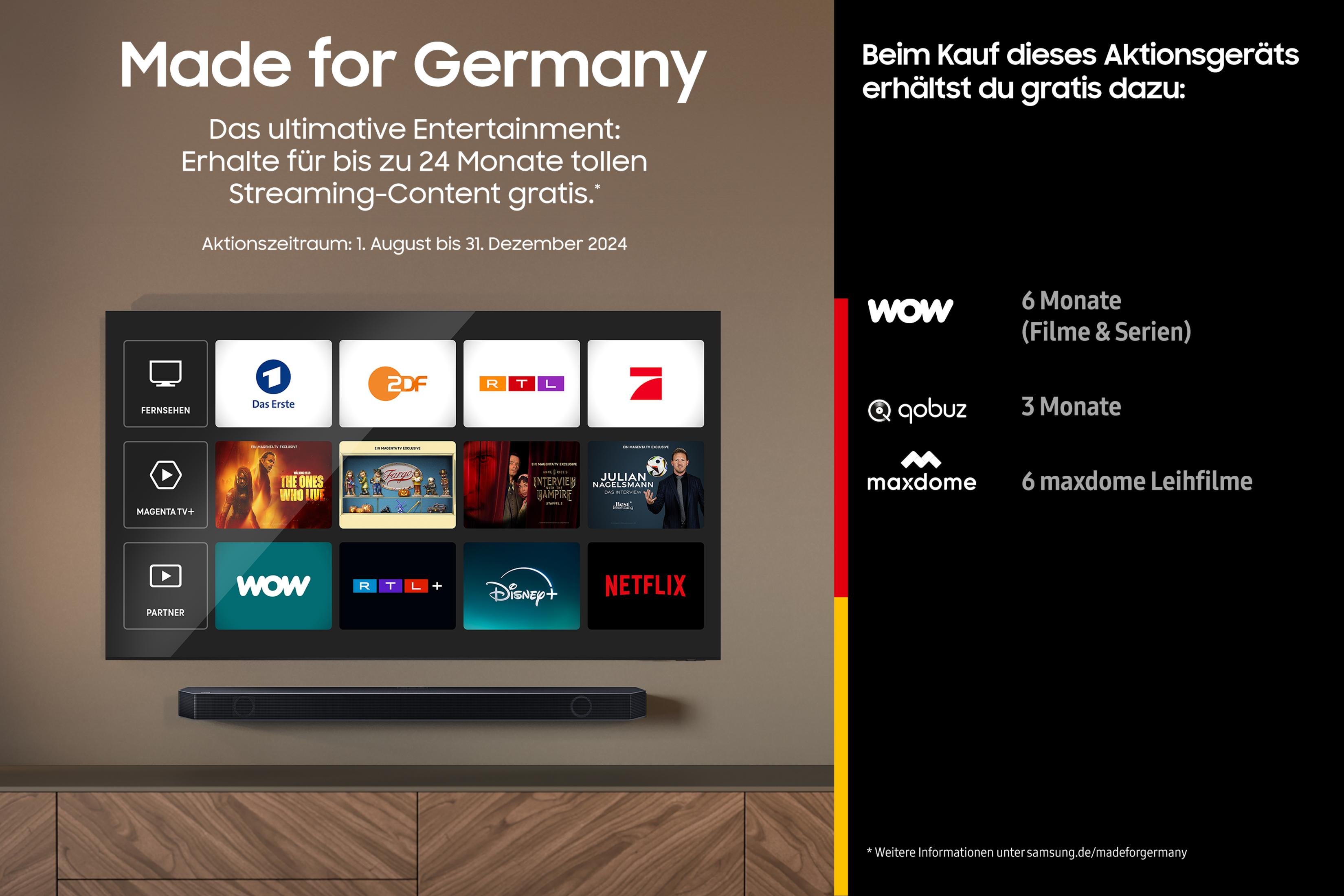 Werbeaktion für Samsung TV. TV zeigt Streaming-Dienste. Bietet kostenlose Streaming-Inhalte für 24 Monate.