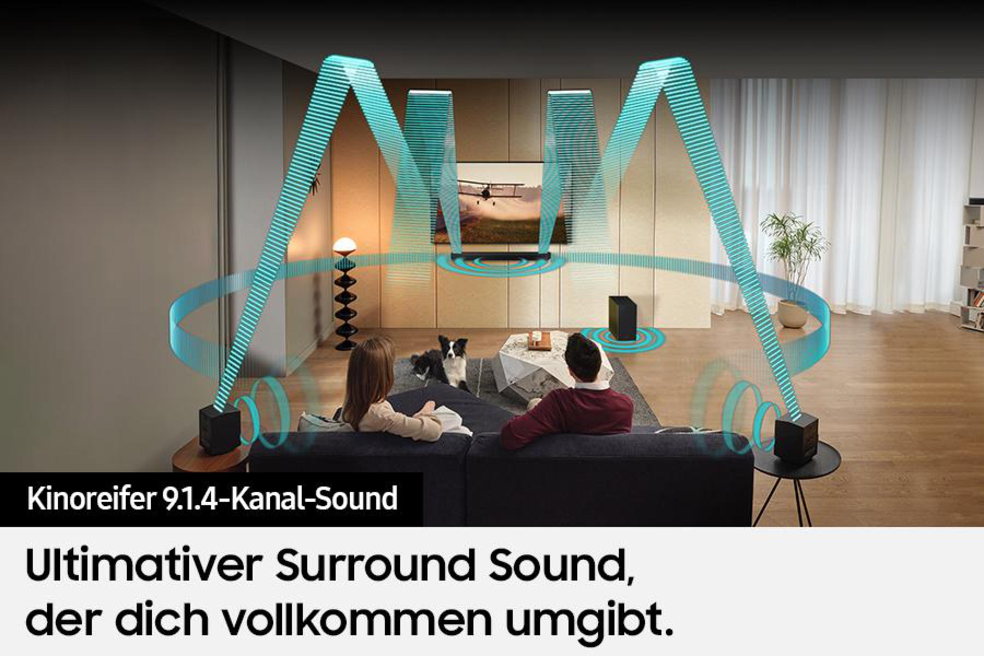 Wohnzimmer mit visualisiertem Soundsystem. Leute auf dem Sofa, Schallwellen von Lautsprechern.