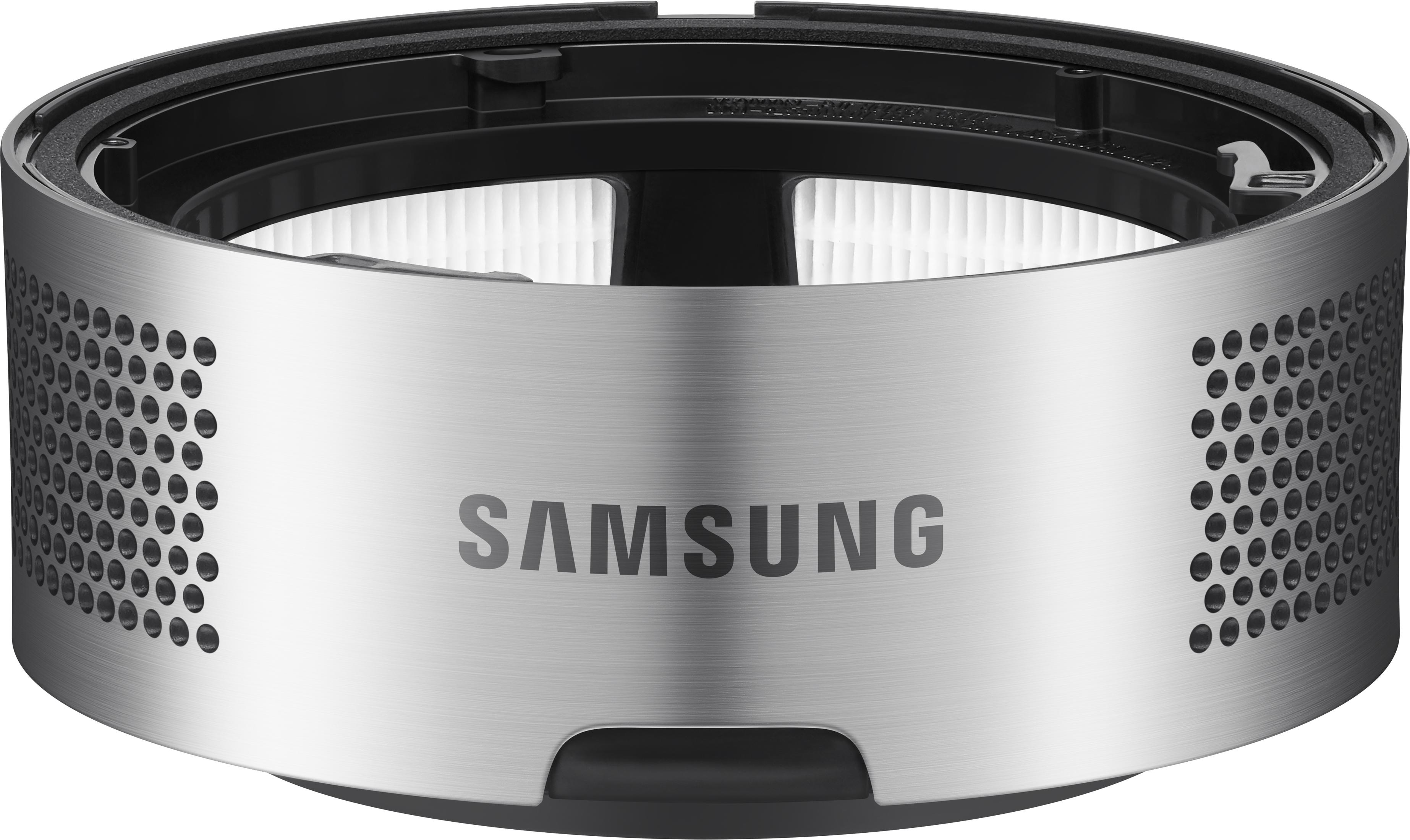 Zbliżenie srebrnego filtra powietrza ze słowem SAMSUNG.