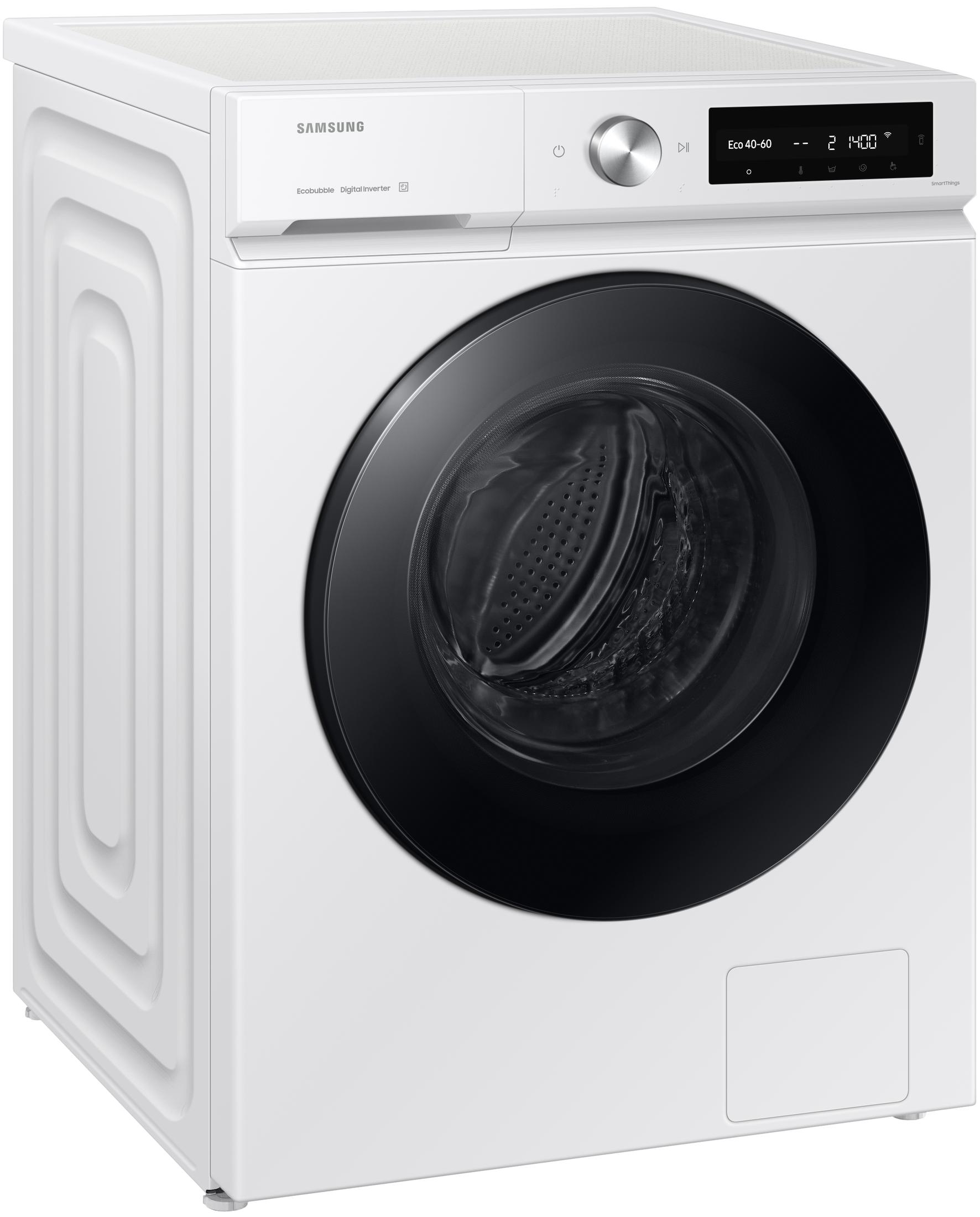 Weiße Samsung Waschmaschine mit schwarzer Tür.