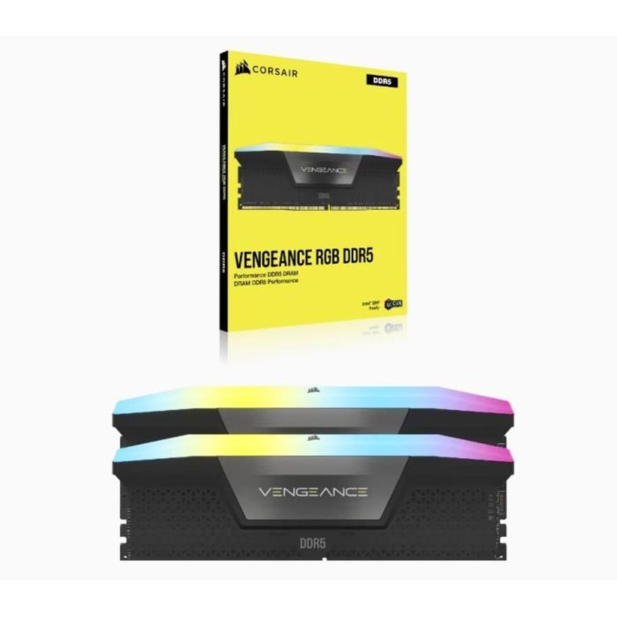 Zestaw i pudełko pamięci RAM Corsair Vengeance RGB DDR5. Pamięć RAM ma światła RGB.