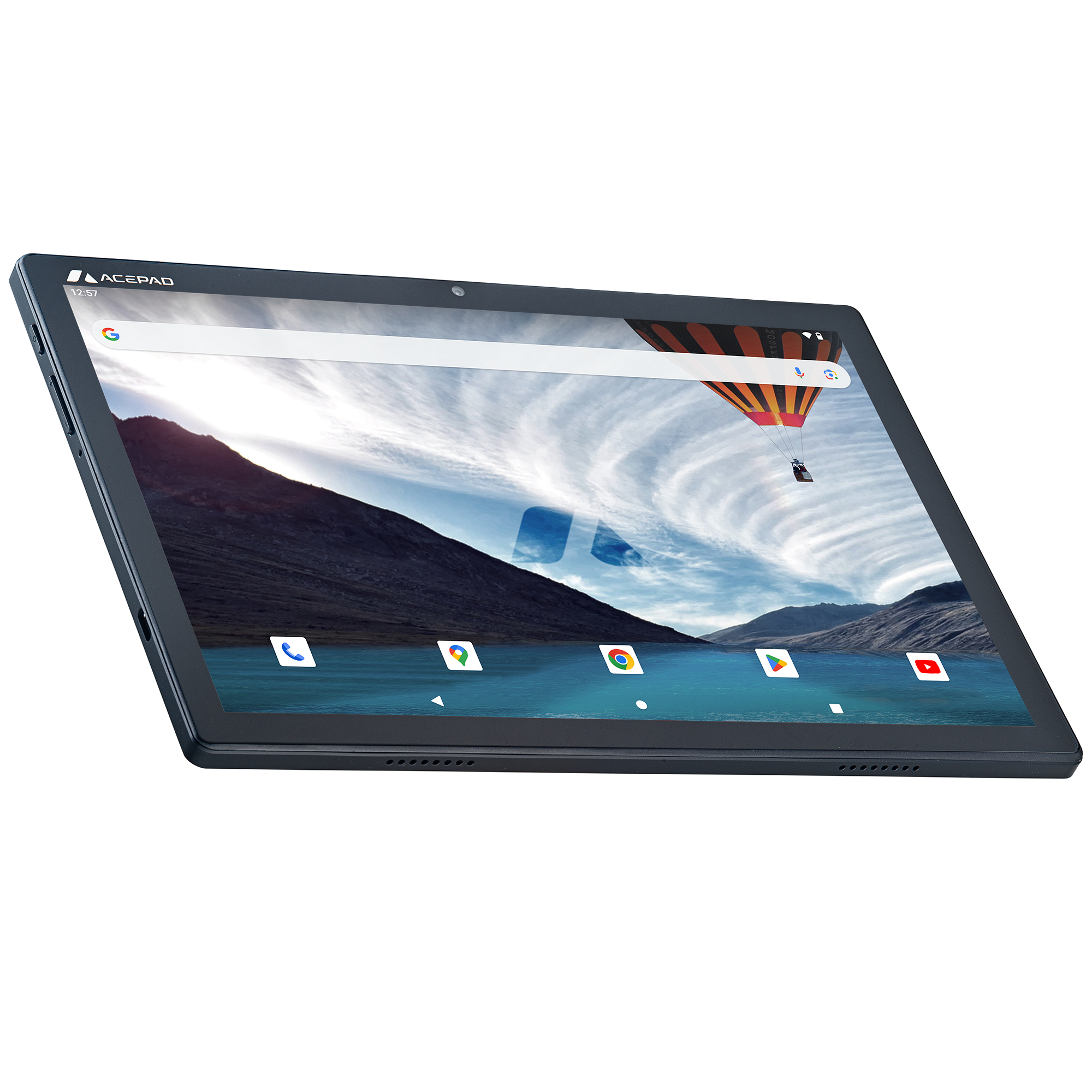 Tablet, das eine Landschaft mit einem Heißluftballon anzeigt. Symbole befinden sich unten.