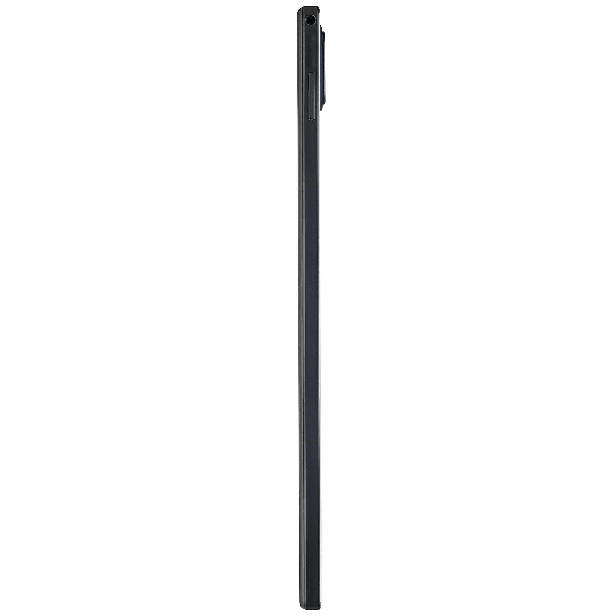 Ein schwarzes Smartphone, von der Seite betrachtet. Der Bildschirm ist dunkel, das Telefon ist schlank.