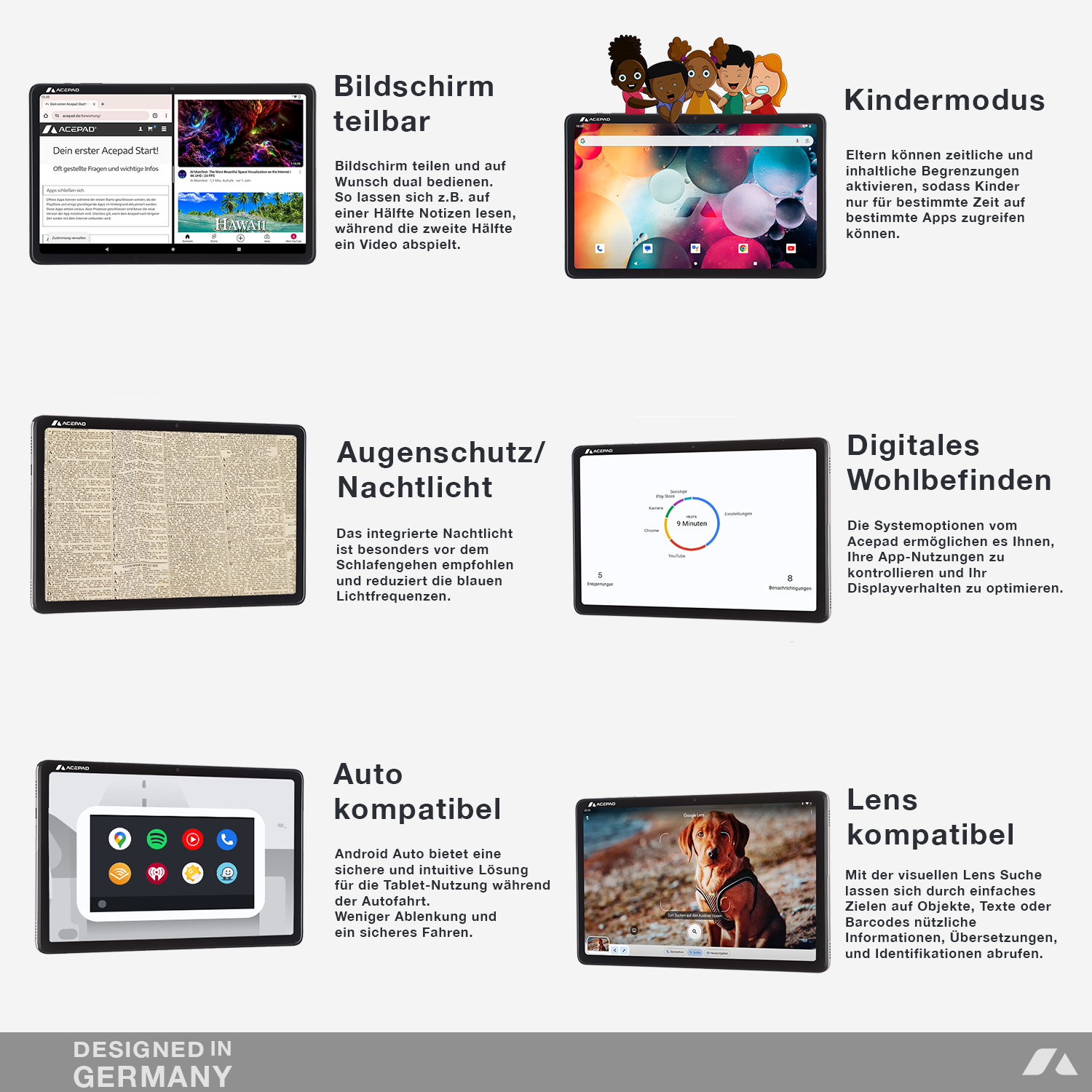 Tablet-Bildschirm mit Funktionen: geteilter Bildschirm, Kindermodus, Nachtmodus, Automodus.