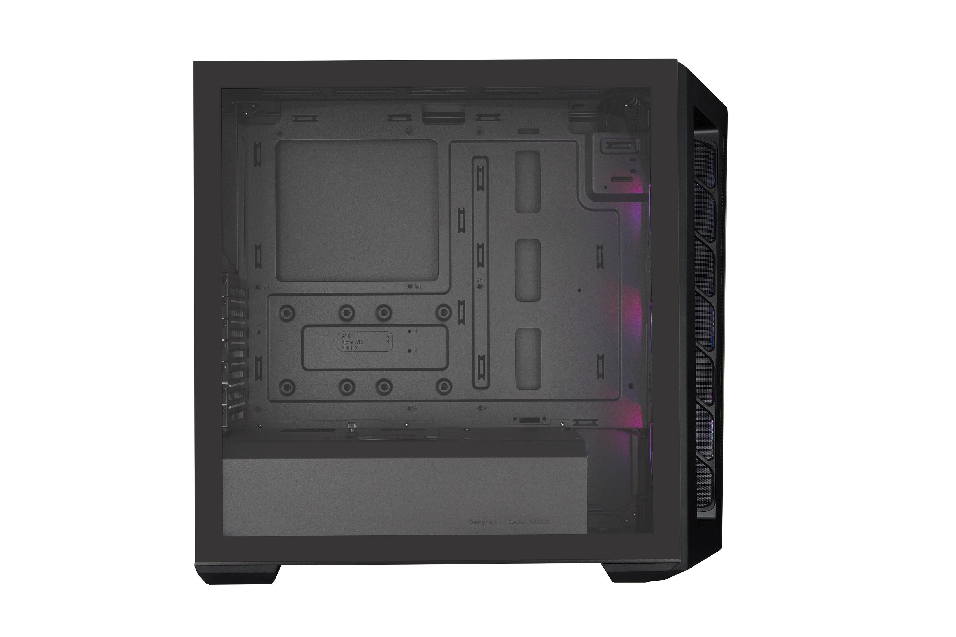 Computer case with glass panel, showing internal components. White background.
