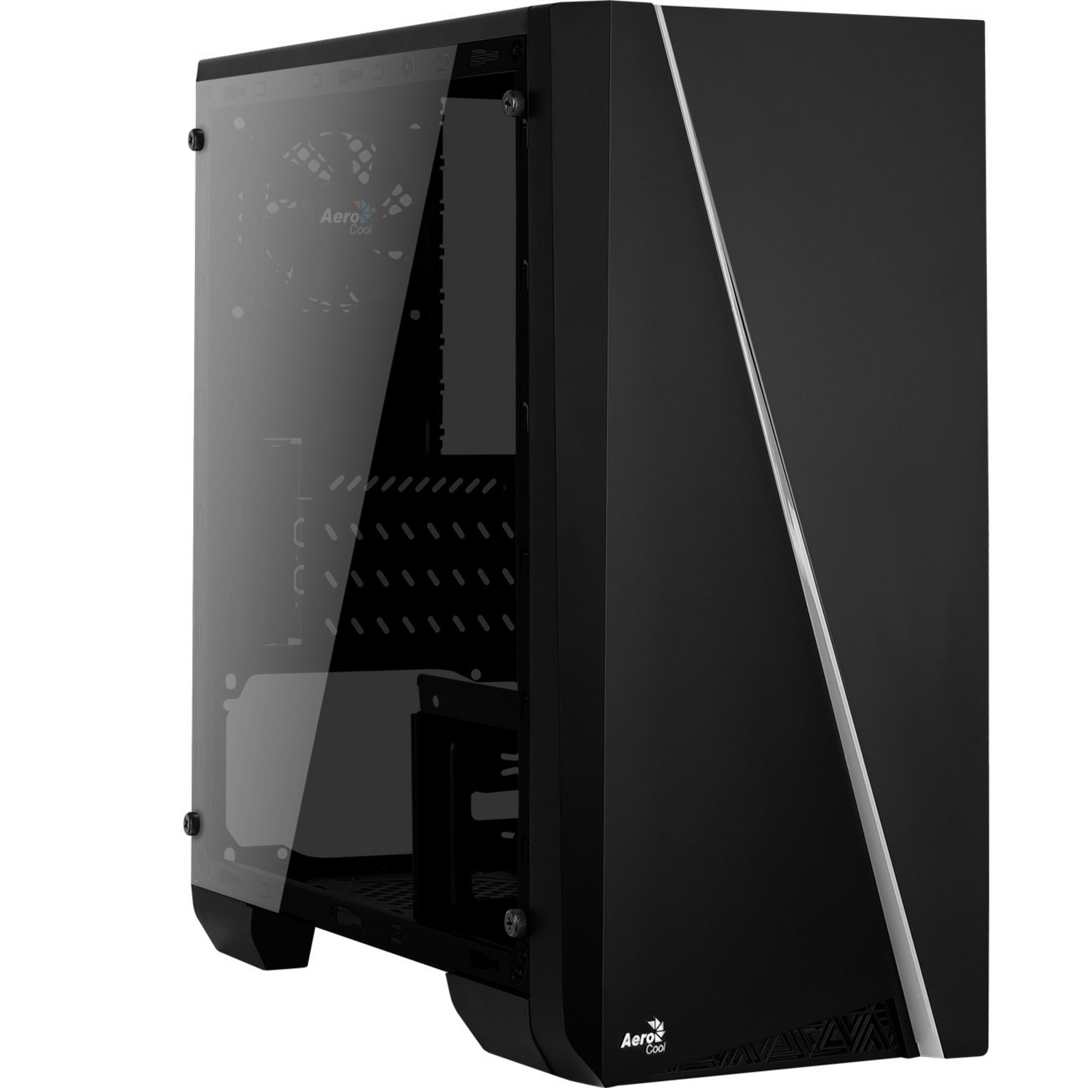 Czarna obudowa komputera z przezroczystym panelem bocznym, odsłaniającym elementy wewnętrzne.
