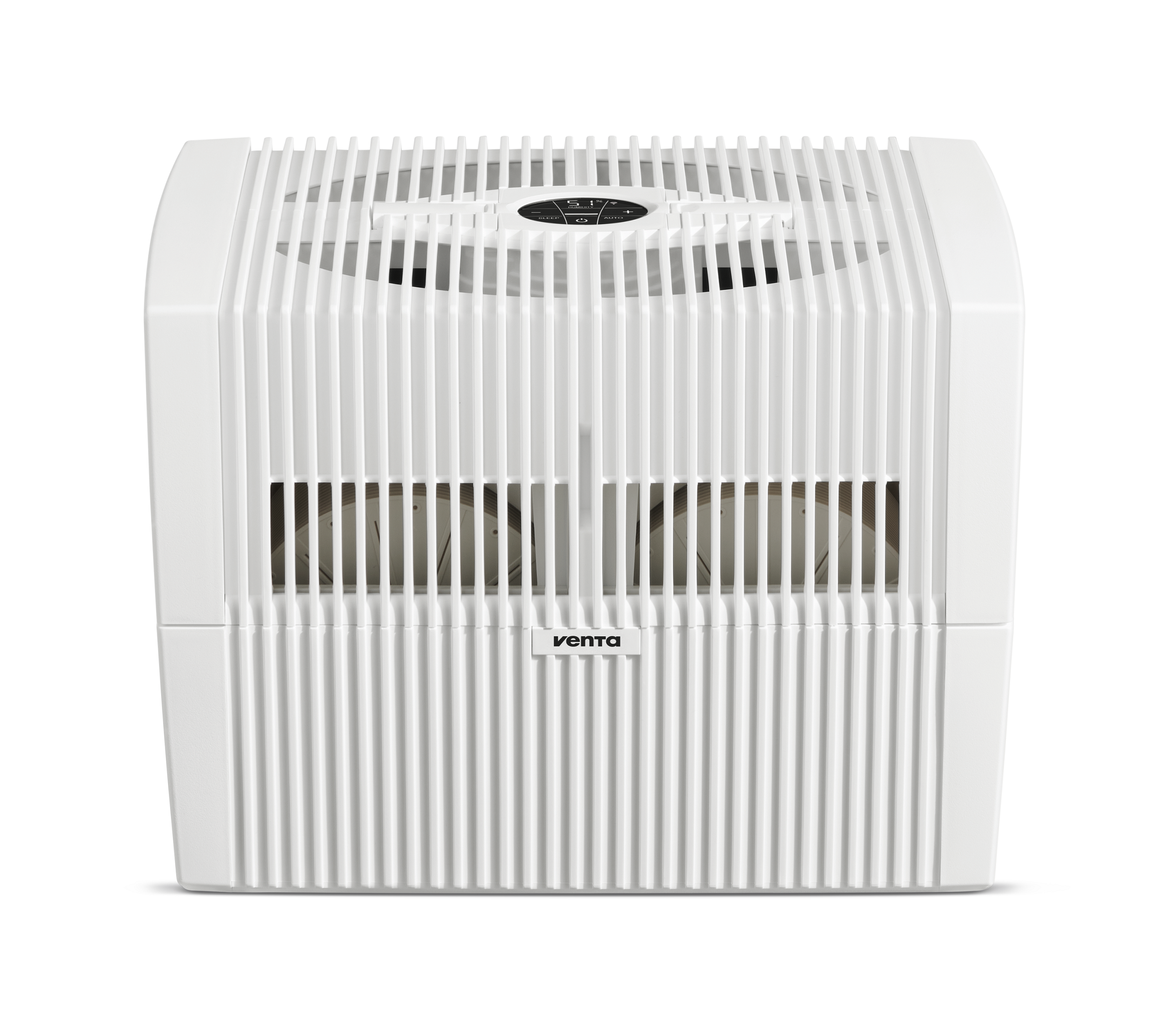 Biały oczyszczacz powietrza z pionowymi liniami. Ma otwory wentylacyjne u góry i z przodu urządzenia.