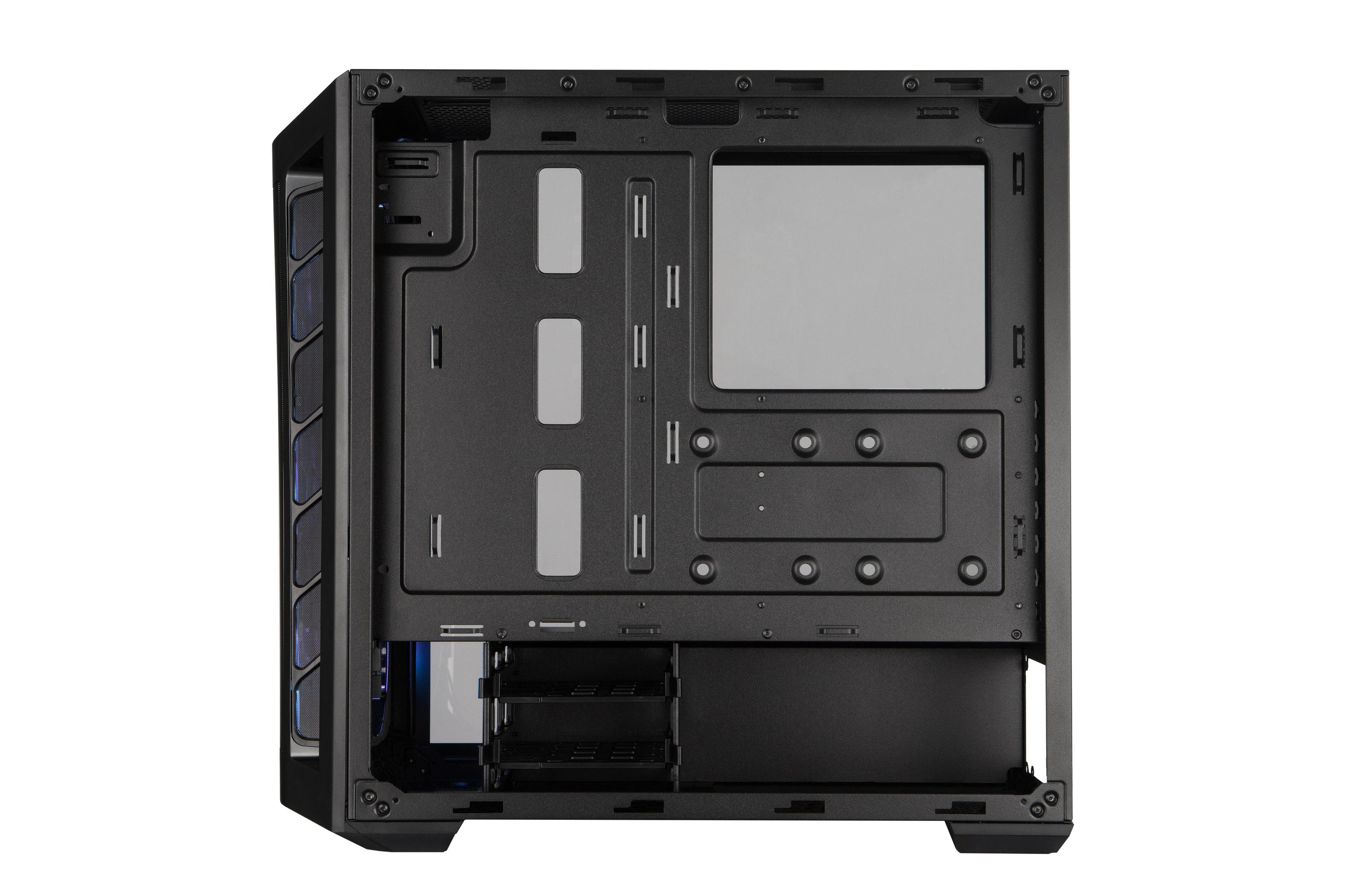 A black computer case interior with various mounting areas.