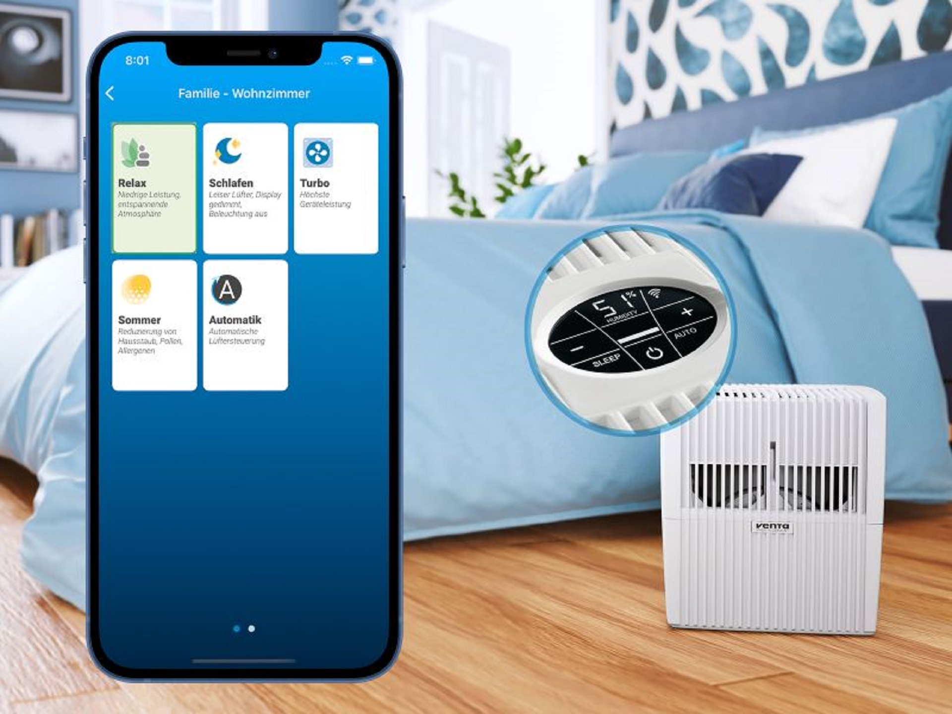 Smartfon pokazuje kontrolę aplikacji smart home. Nawilżacz powietrza i sypialnia w tle.