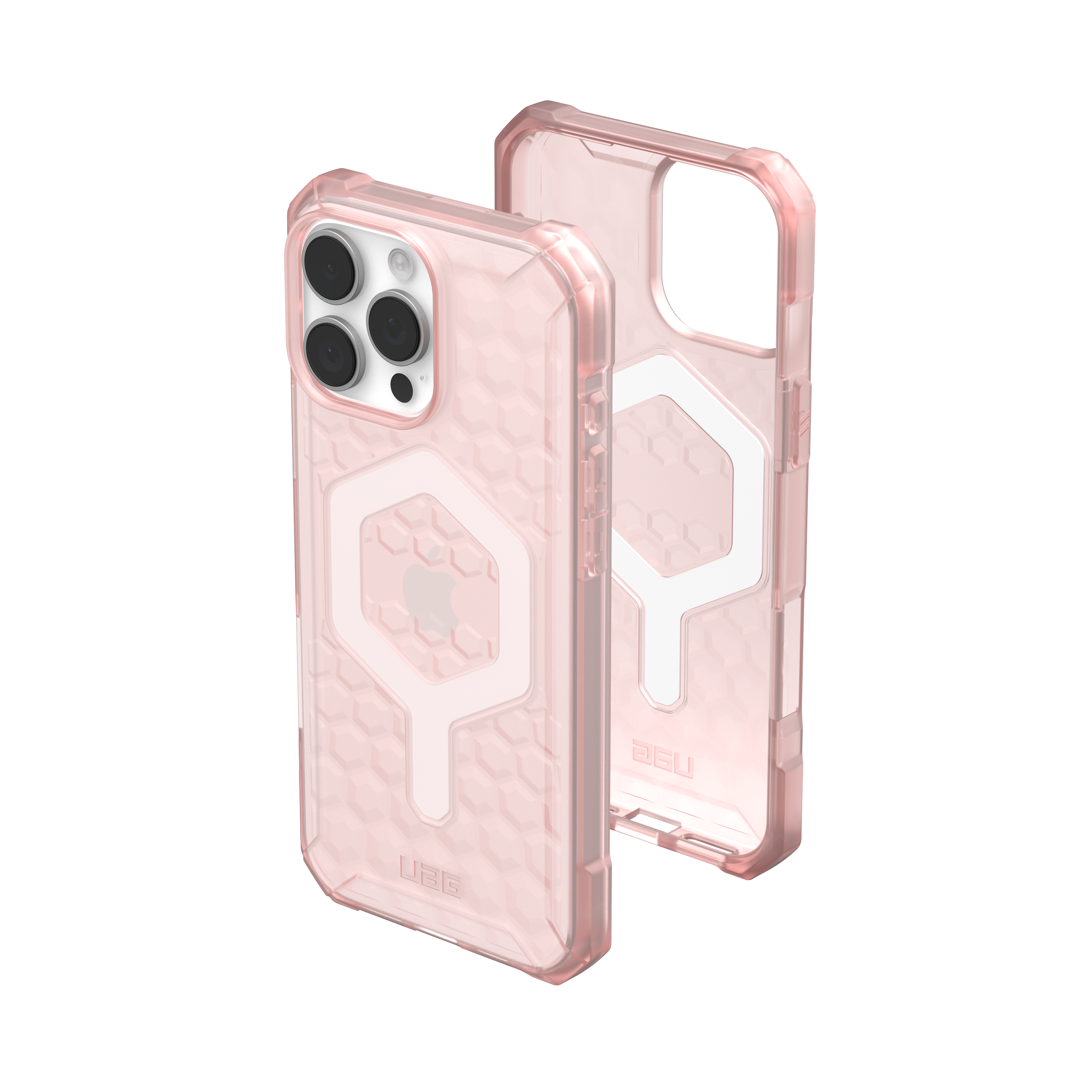 Rosa Handyhülle mit geometrischem Design. Zwei Teile, mit schwarzem Hintergrund.