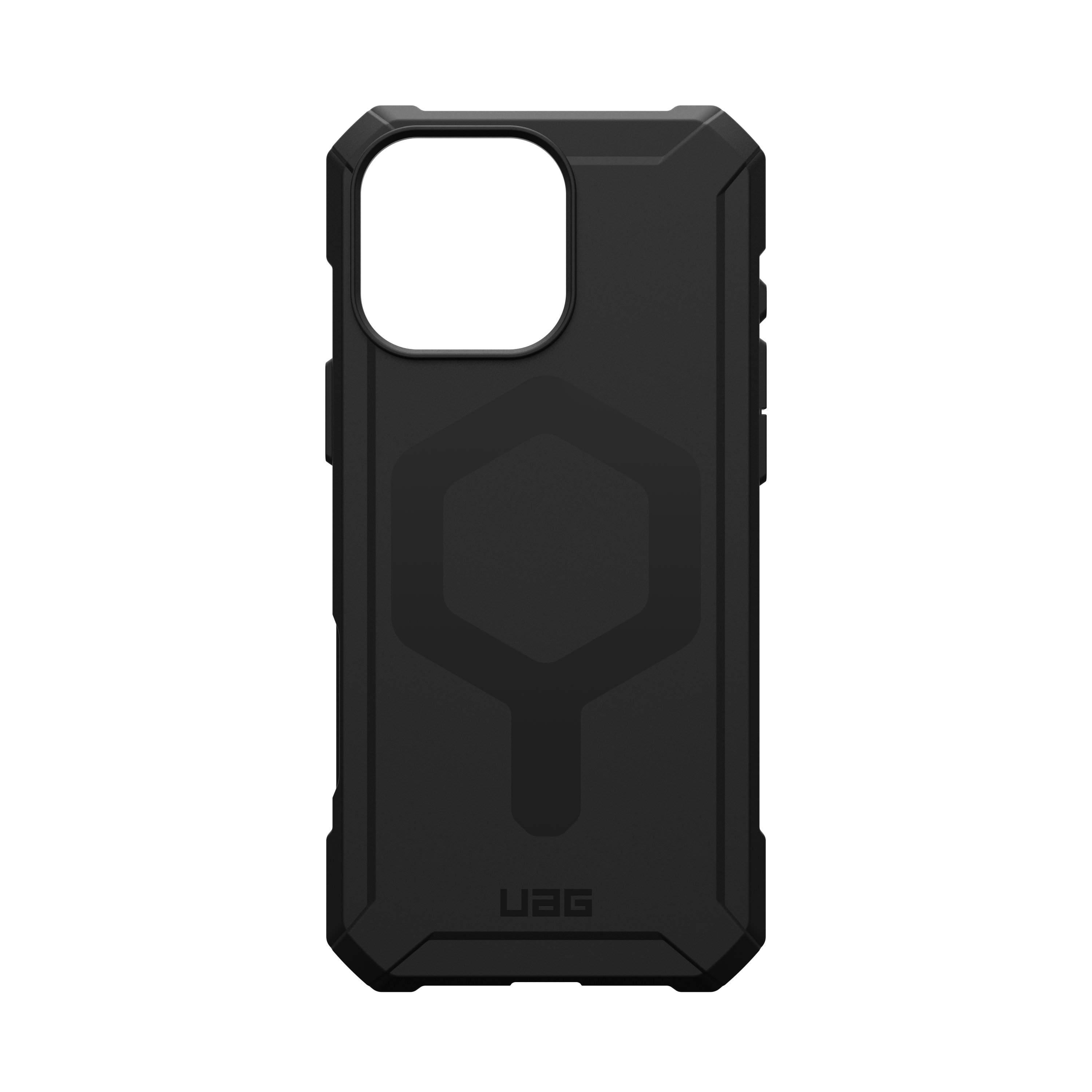 Schwarze, robuste Handyhülle mit sechseckigem Design auf der Rückseite und UAG-Logo.