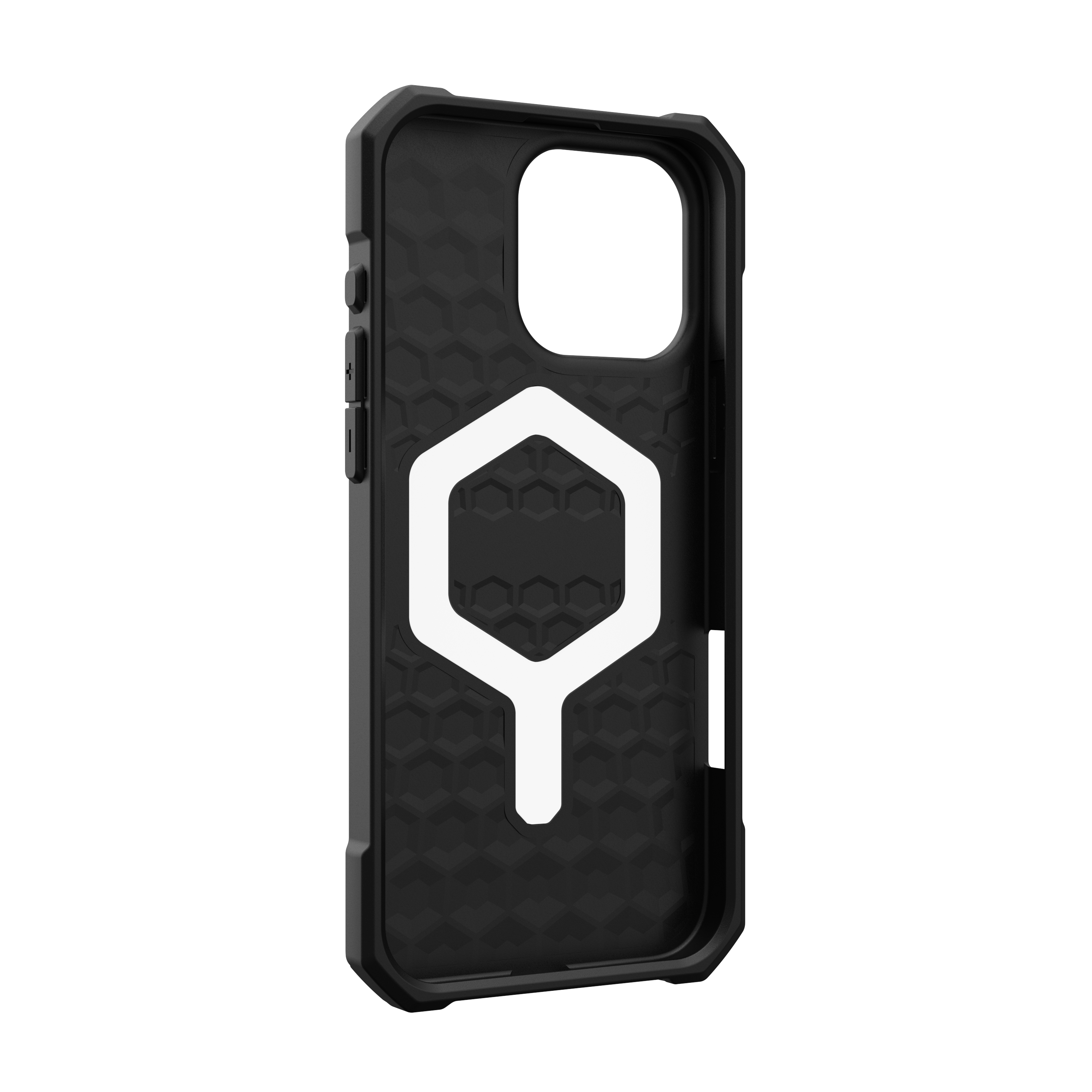 Schwarzes Telefongehäuse-Innenteil mit weißem Design. Es hat ein Wabenmuster.