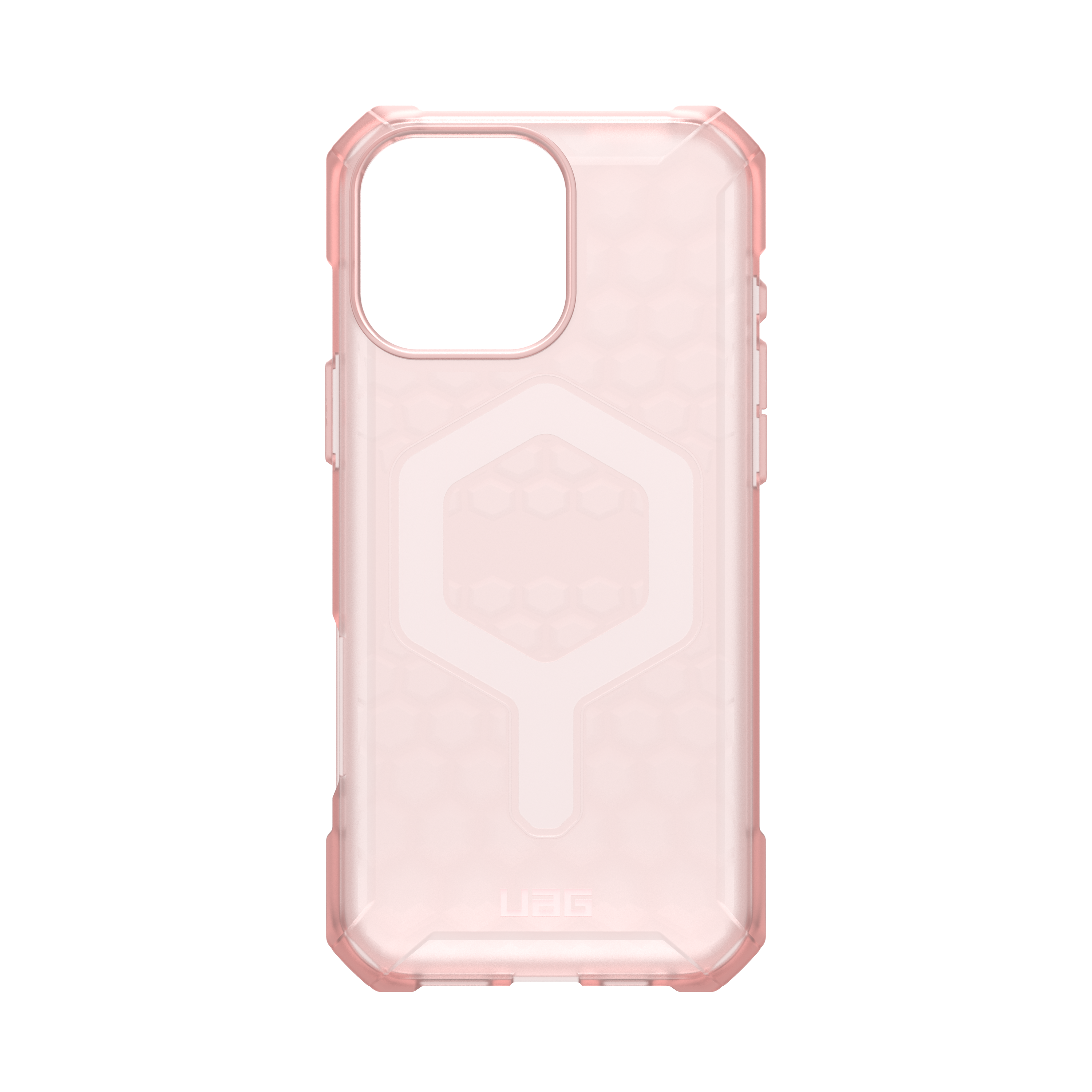 Rosafarbene iPhone-Hülle mit durchsichtigem Rücken und sechseckigem Design auf schwarzem Grund.