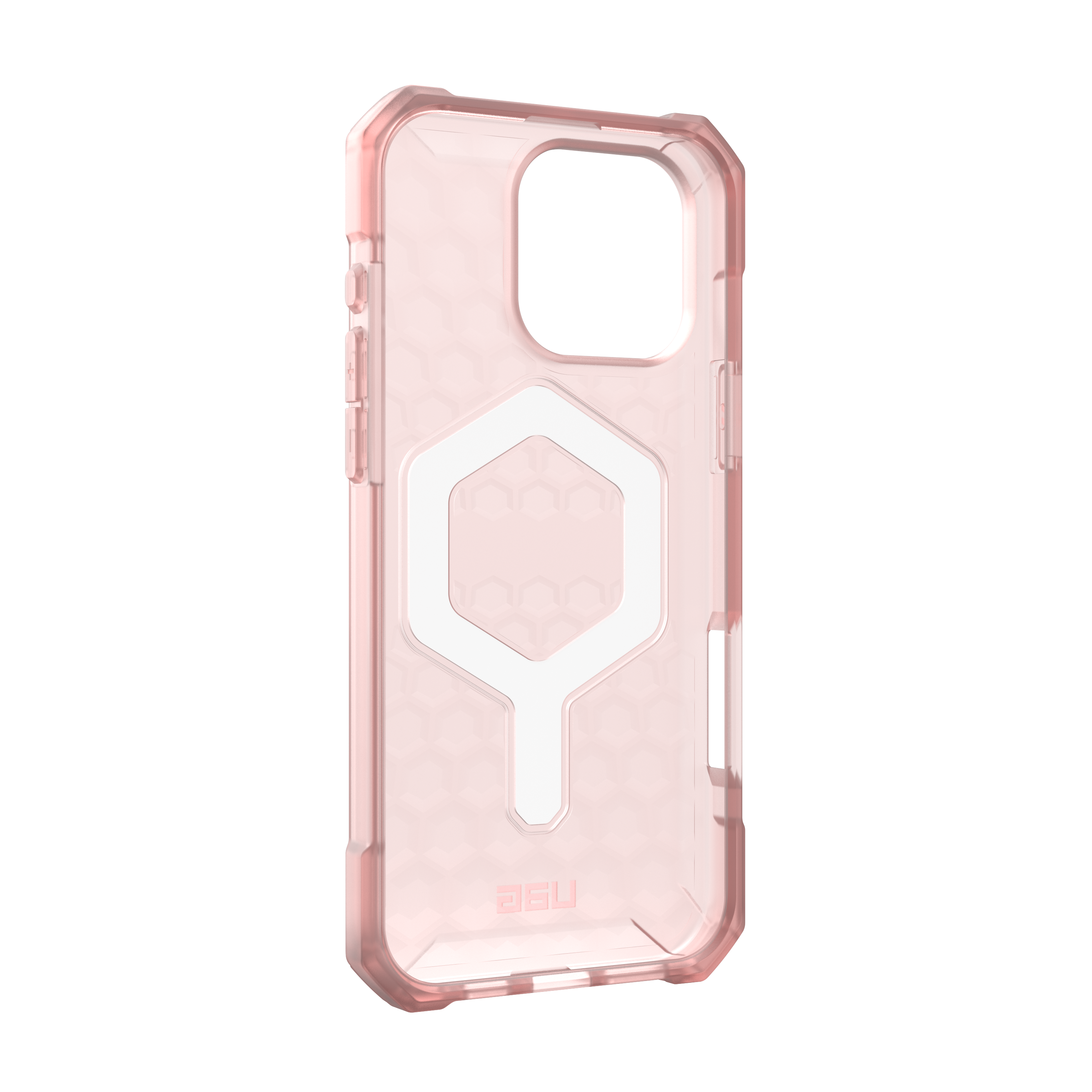 Eine transparente, rosa Handyhülle mit einem weißen Sechseck-Design in der Mitte.