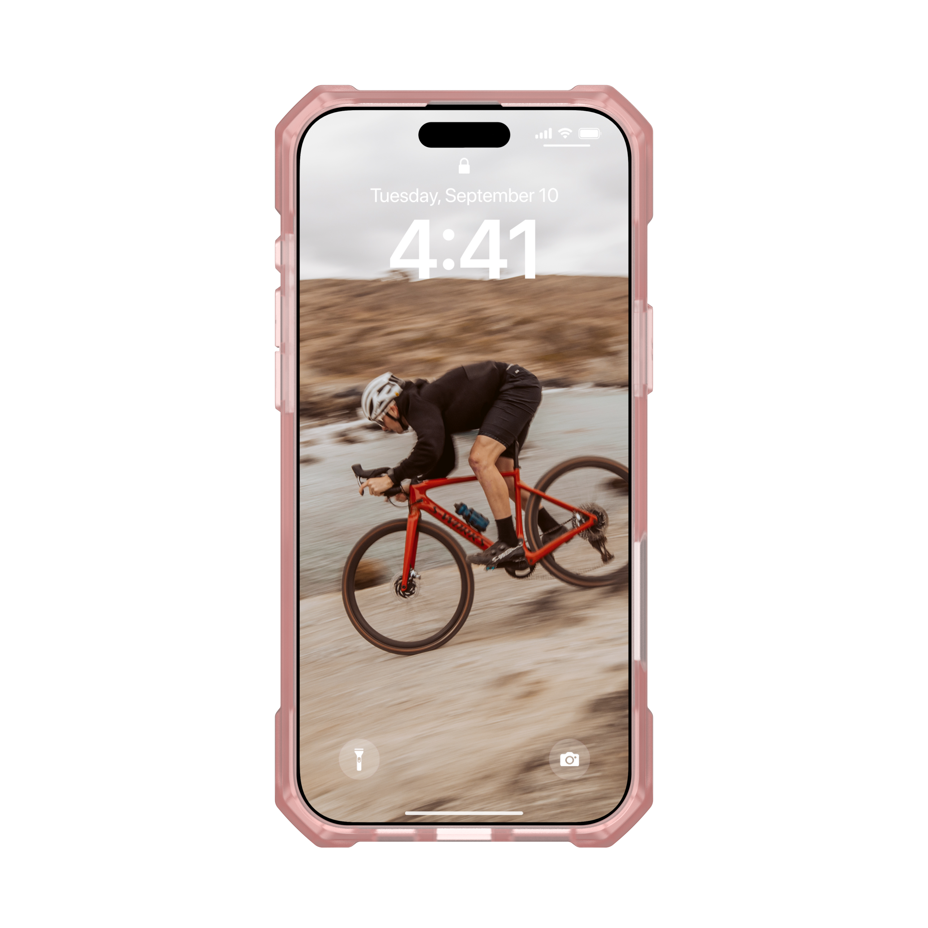 Smartphone mit Bild eines Radfahrers auf rotem Fahrrad. Rosafarbenes Gehäuse um das Telefon.