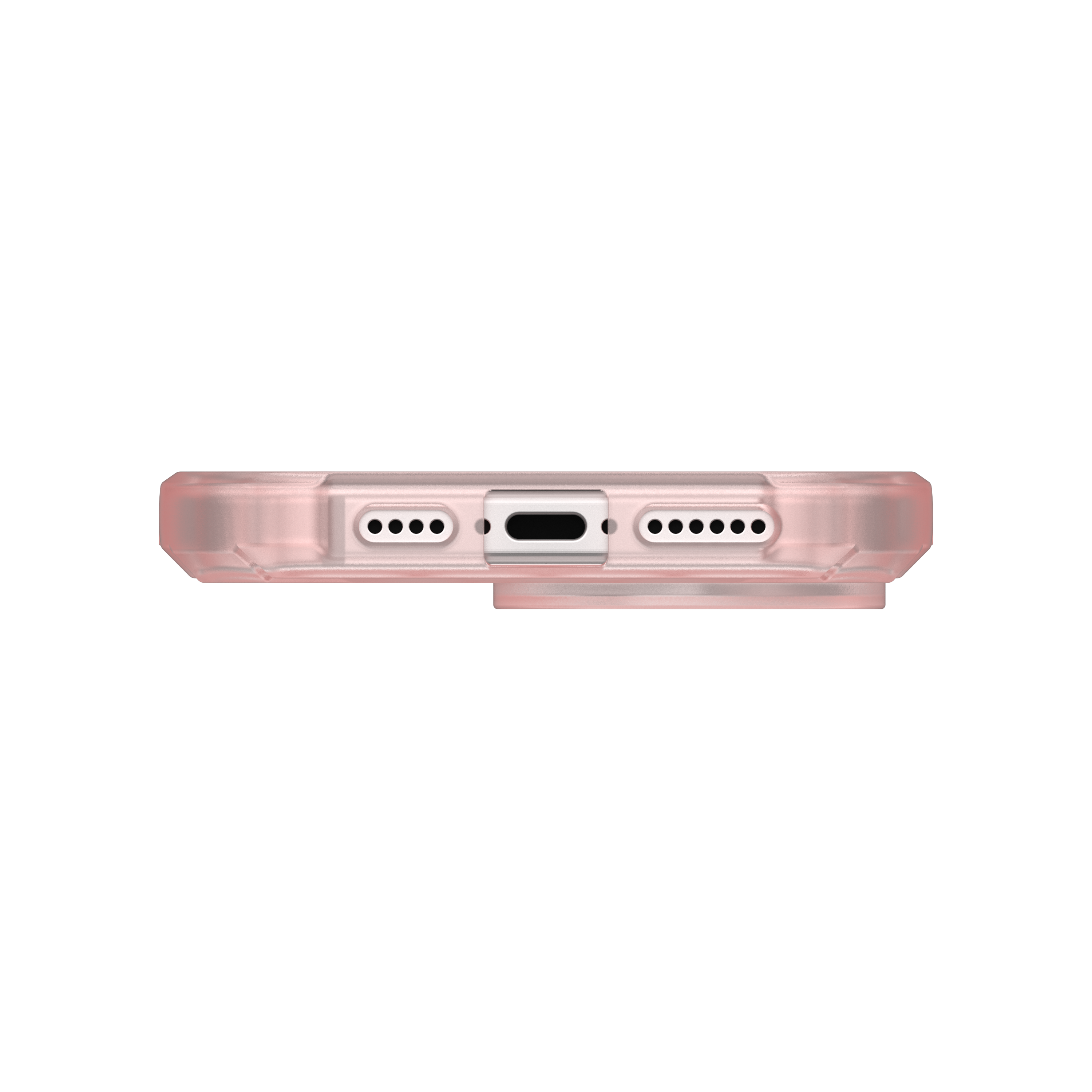 Eine Handyhülle mit transparentem rosa Rahmen, die Ladeanschluss und Lautsprecher zeigt.