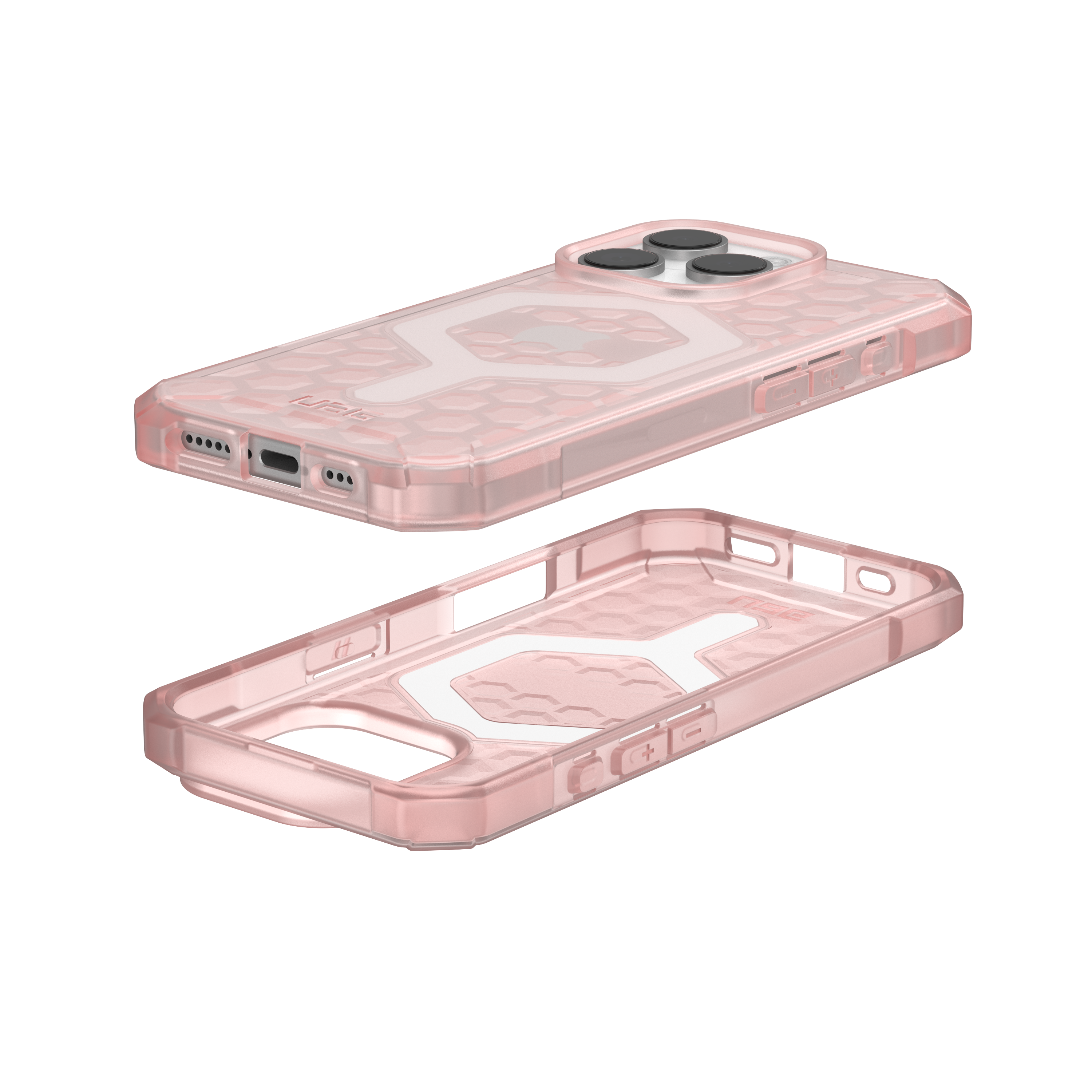 Zwei transparente, rosa Handyhüllen. Eine zusammengebaut, die andere zerlegt, zeigt die Innenseite.
