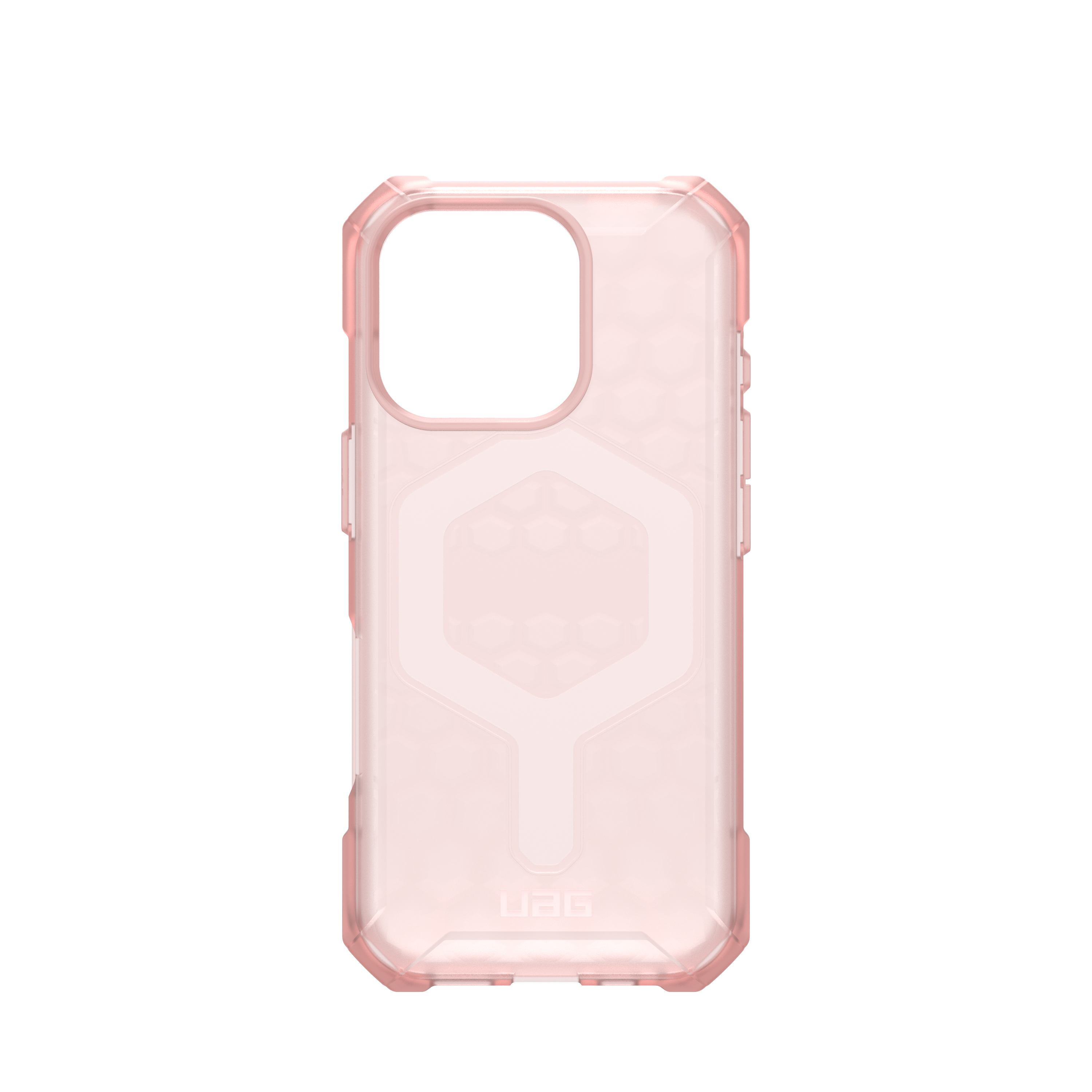 Eine rosa Handyhülle mit sechseckigem Muster auf schwarzem Hintergrund. UAG-Logo sichtbar.