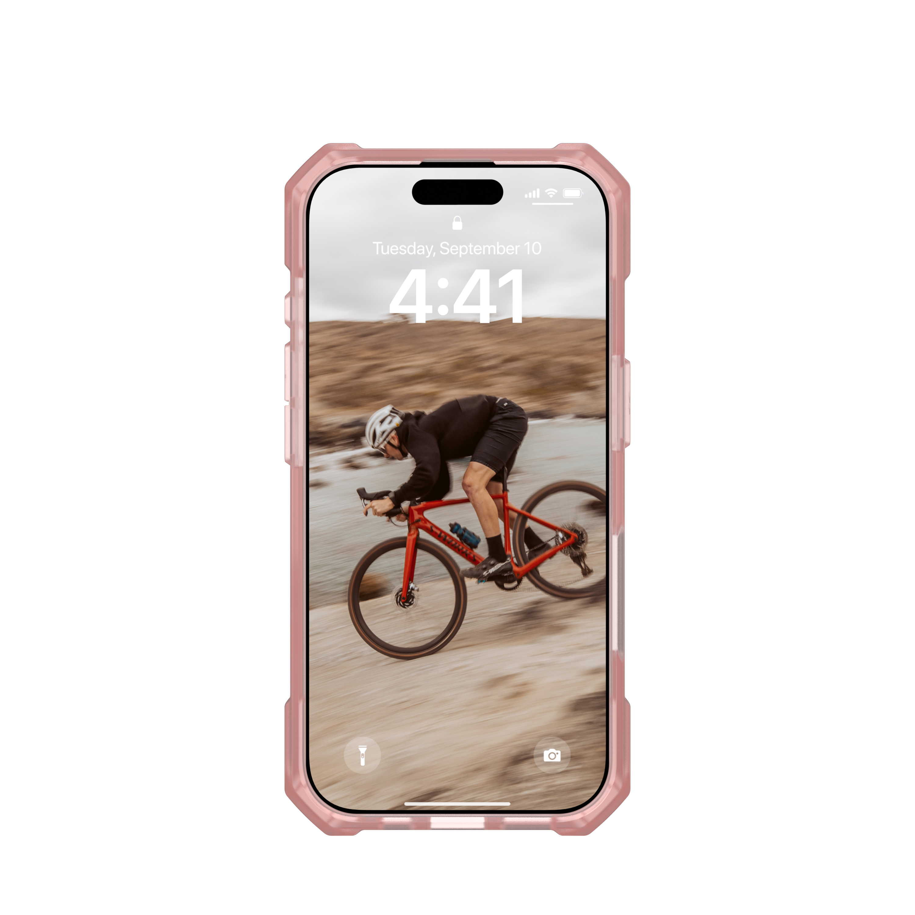Ein Telefon mit Radfahrer auf dem Bildschirm, in Schutzhülle. Die Uhrzeit ist 4:41.