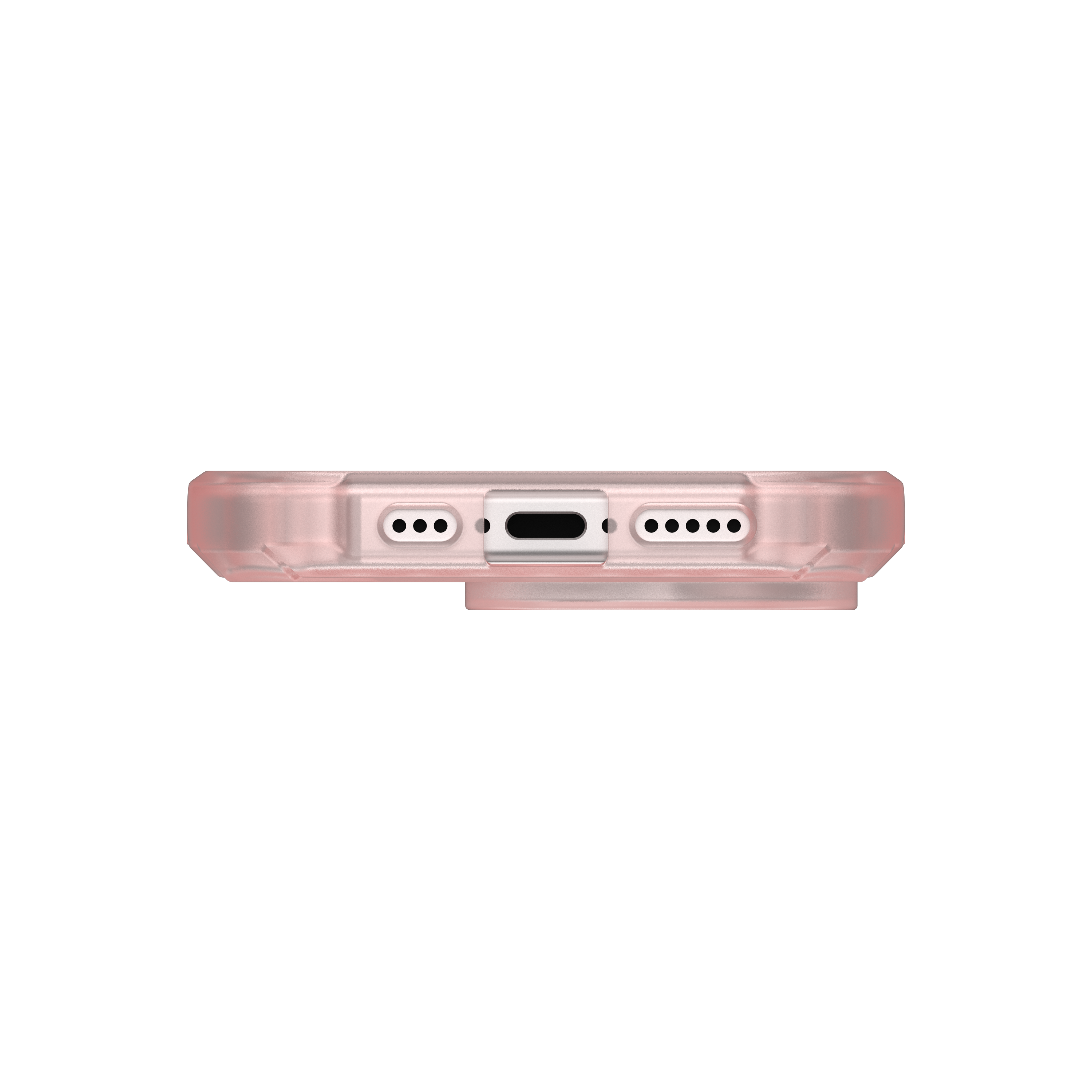 Rosa Telefonhüllenunterseite mit Ladeanschluss, Lautsprecher- und Mikrofonlöchern.